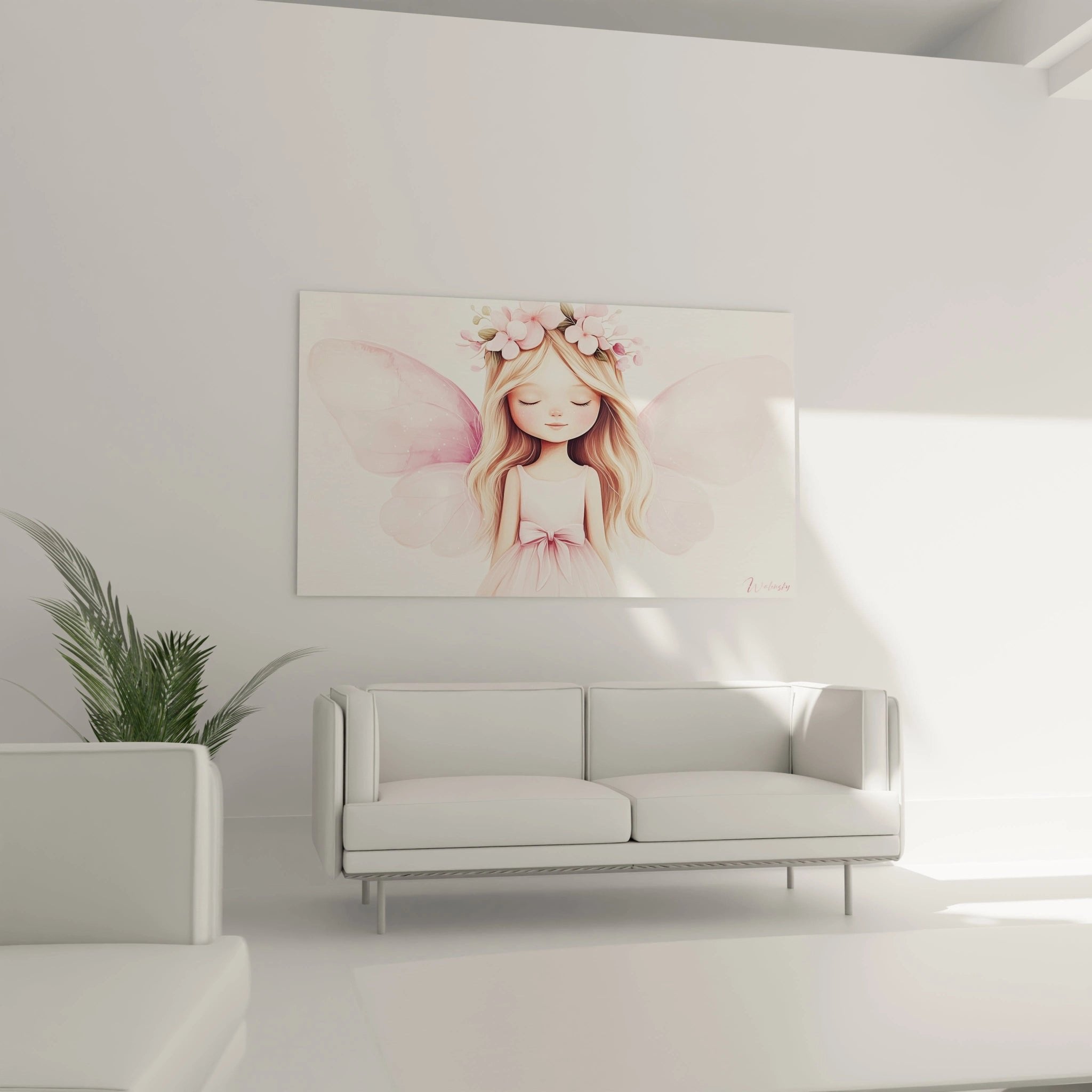 Detailaufnahme der kleinen Fee mit geschlossenen Augen, Blumenkrone und durchscheinenden rosa Schmetterlingsflügeln