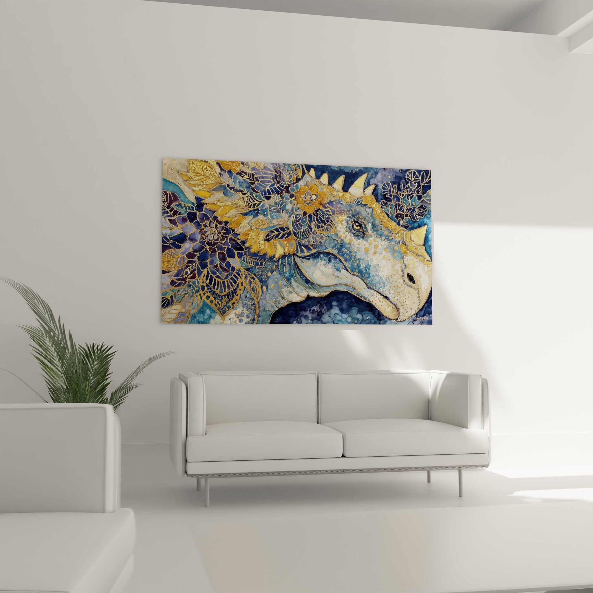 Detailaufnahme des Dinosaurier Wandbildes zeigt goldene Blütenmuster und präzise Texturarbeit