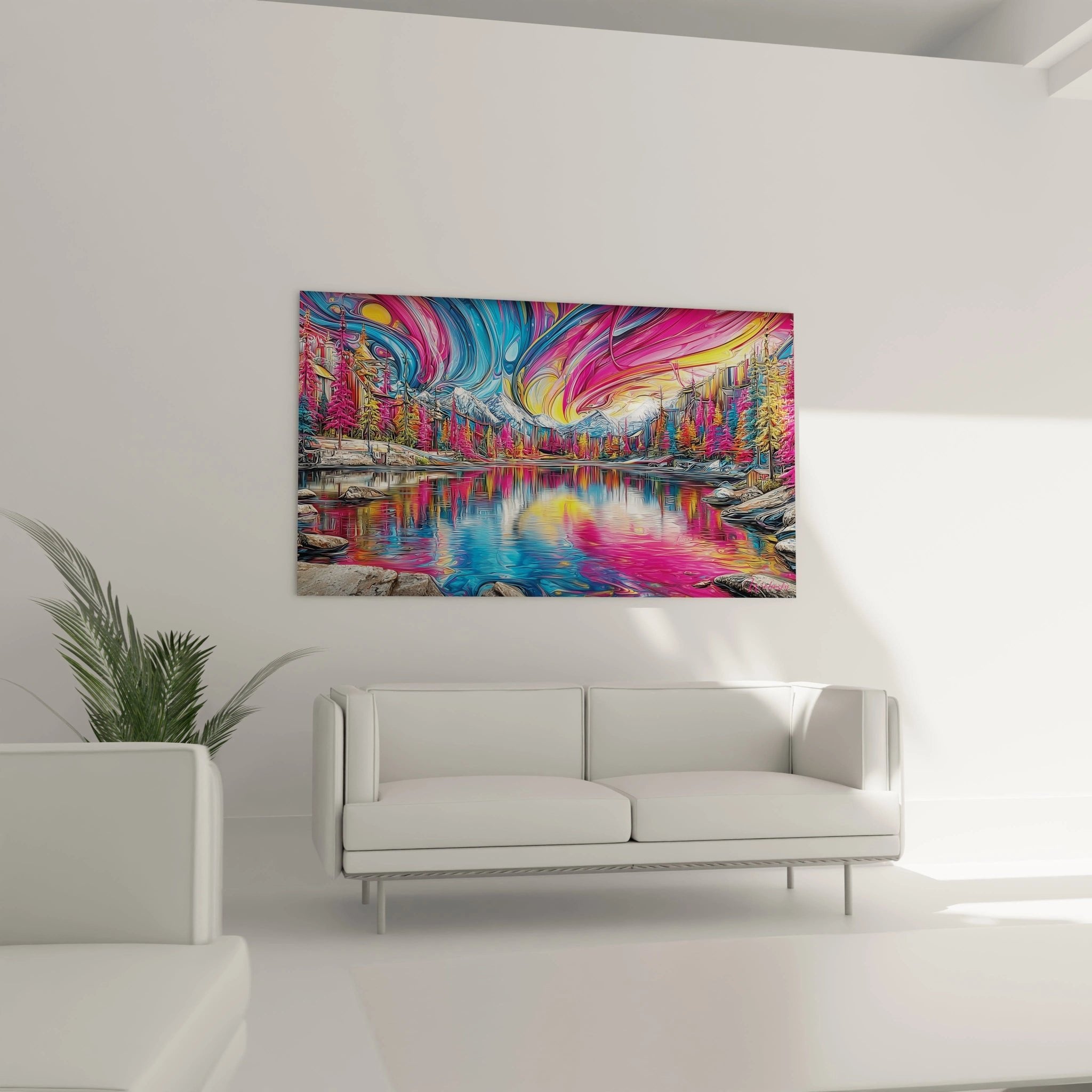 Nahaufnahme der leuchtenden Farbdetails und psychedelischen Muster des Berglandschafts-Wandbildes