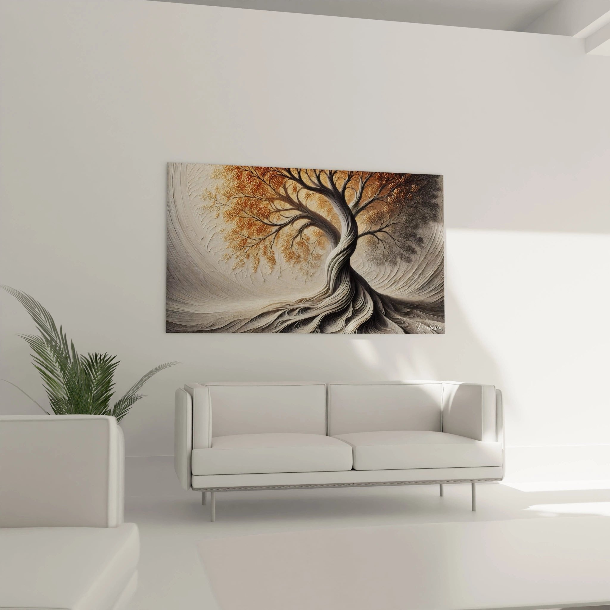 Nahaufnahme der goldenen Blätter und detailreichen Äste des Lebensbaums in spiralförmiger Anordnung