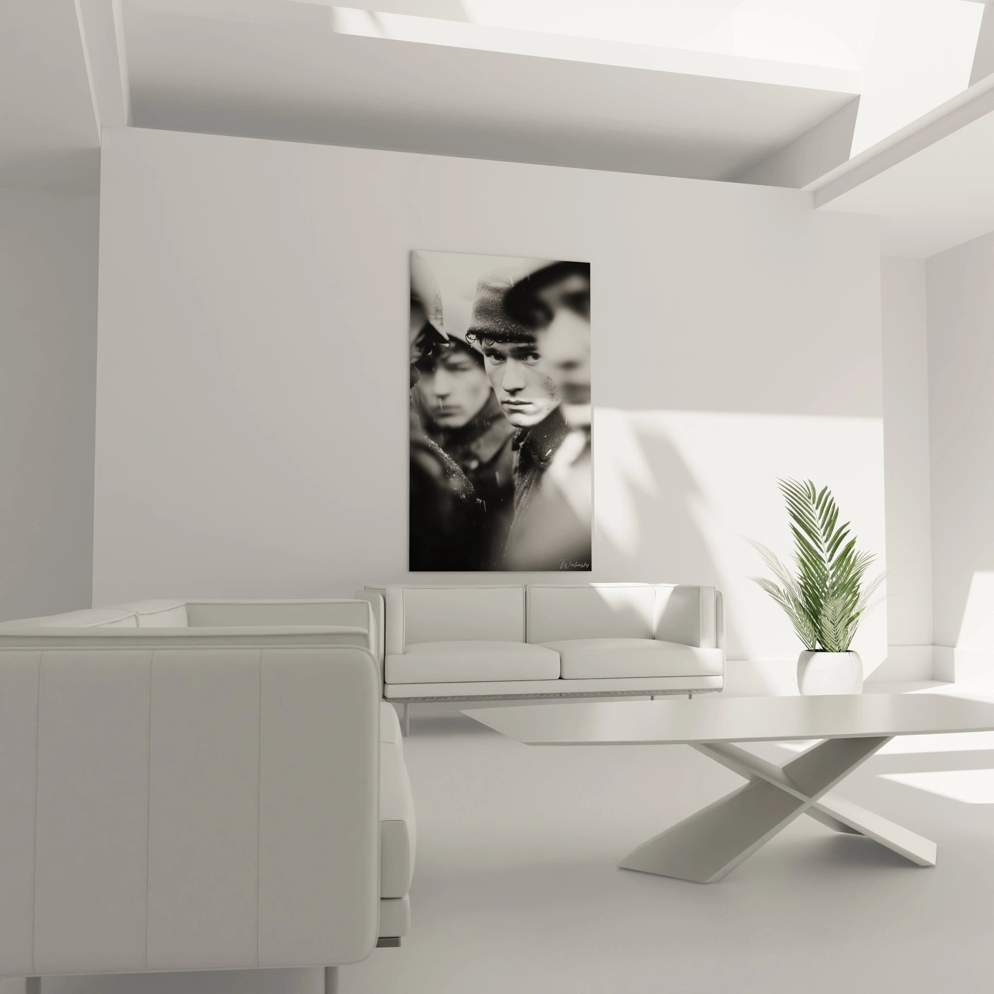 Nahaufnahme des Soldaten-Wandbildes, detailreiche Darstellung von Gesichtszügen und Regentropfen auf Stahlhelmen