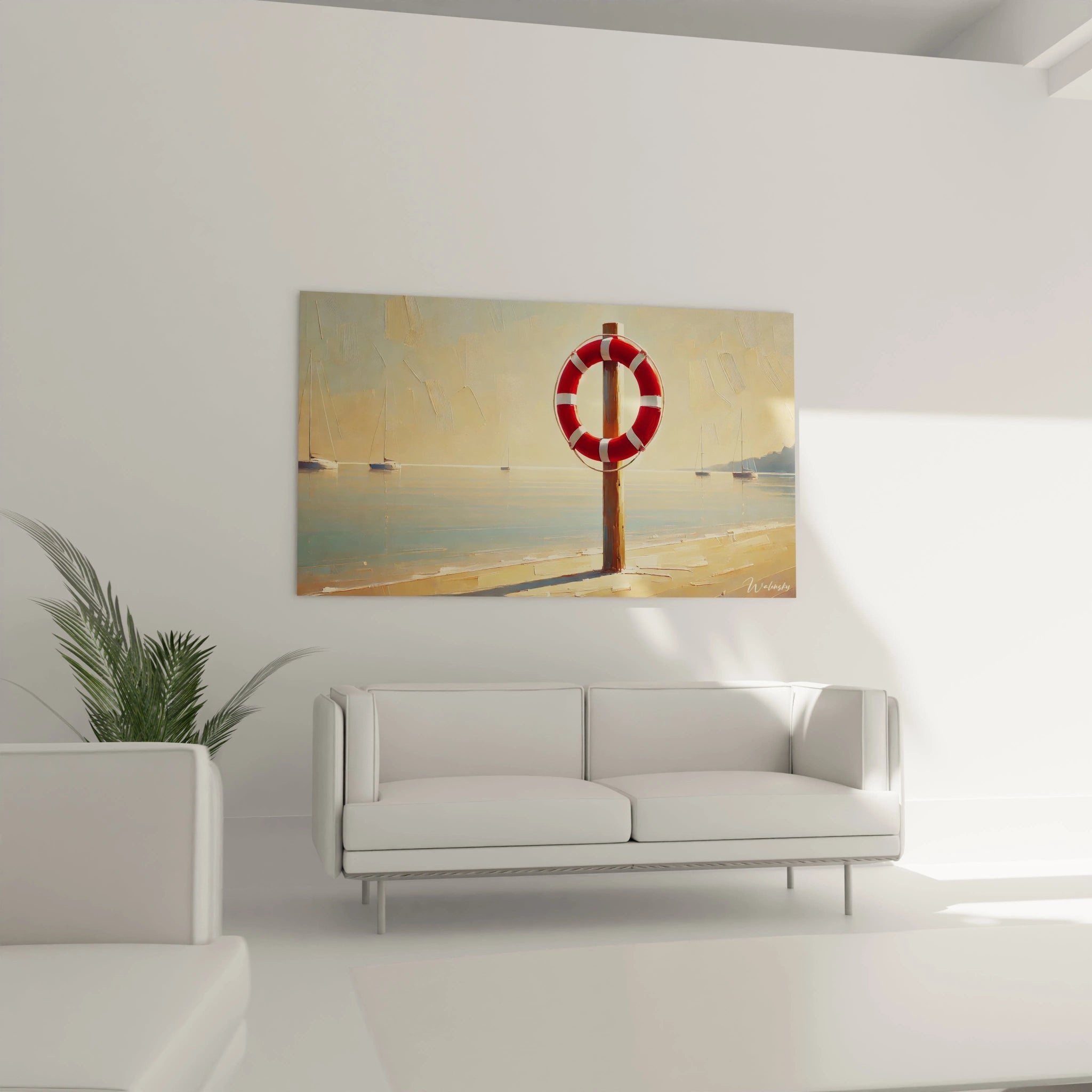 Detailaufnahme des rot-weißen Rettungsrings auf Holzpfahl mit goldenen Lichtreflexionen im Hintergrund