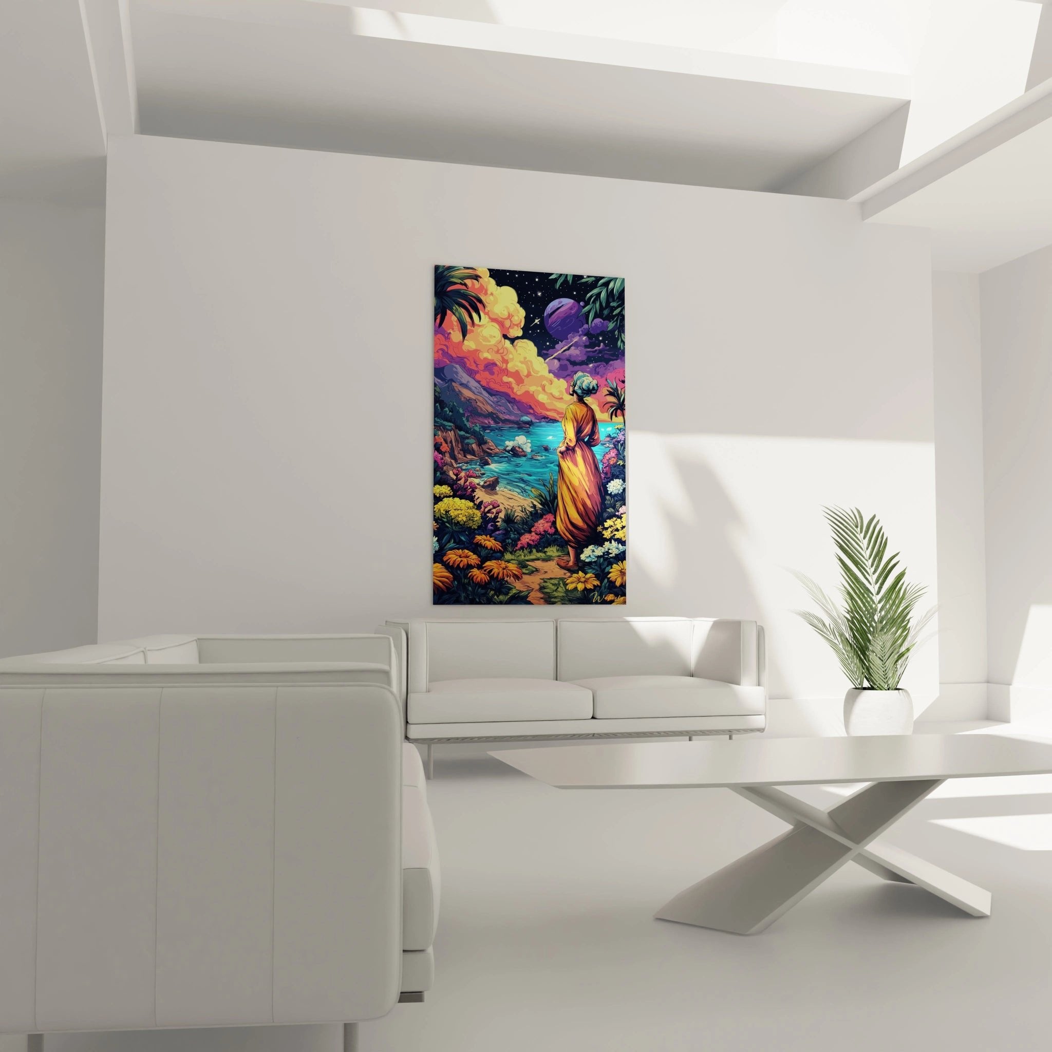 Nahaufnahme des Comic Wandbildes mit Details der Mönchsrobe und tropischen Vegetation