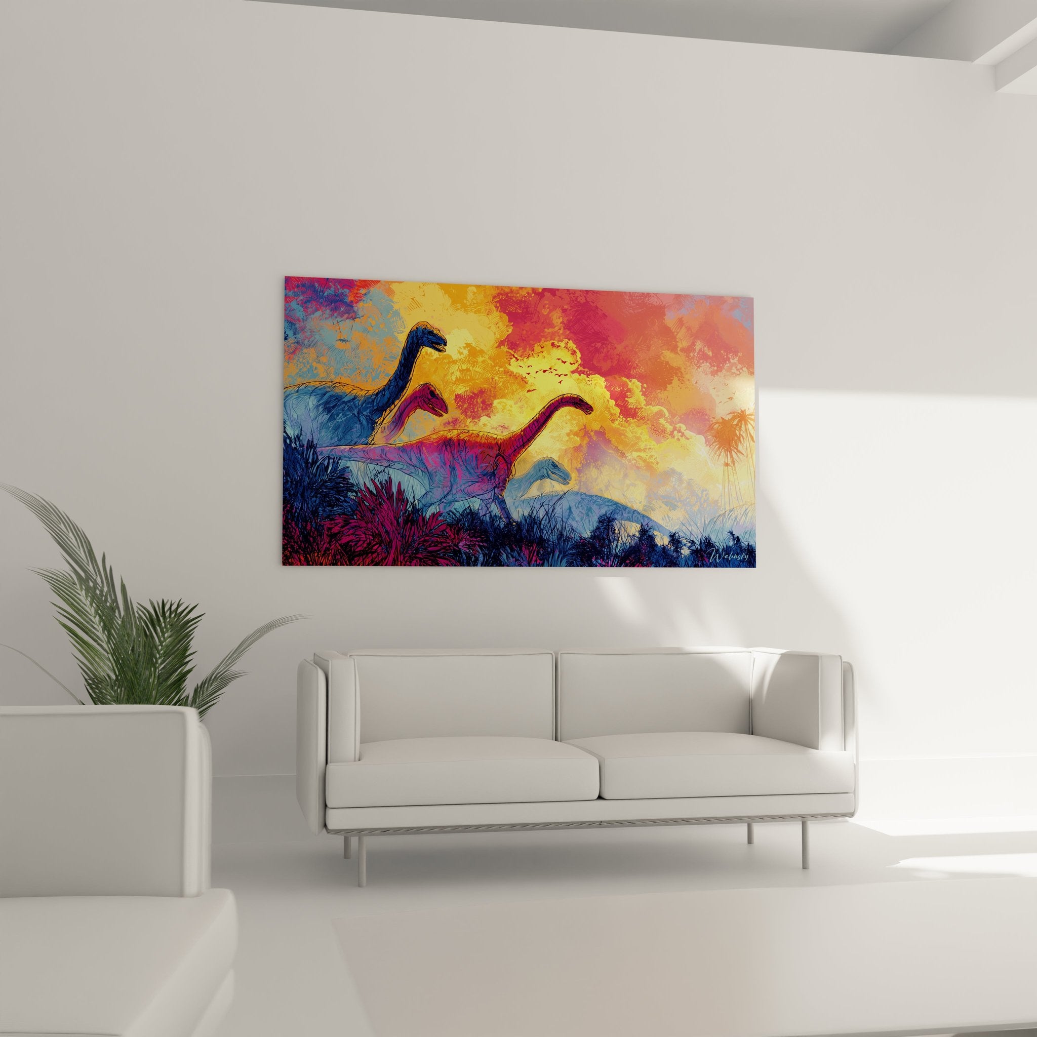 Detailansicht Dinosaurier Wandbild - Hochwertige Druckqualität der prähistorischen Kunstszene