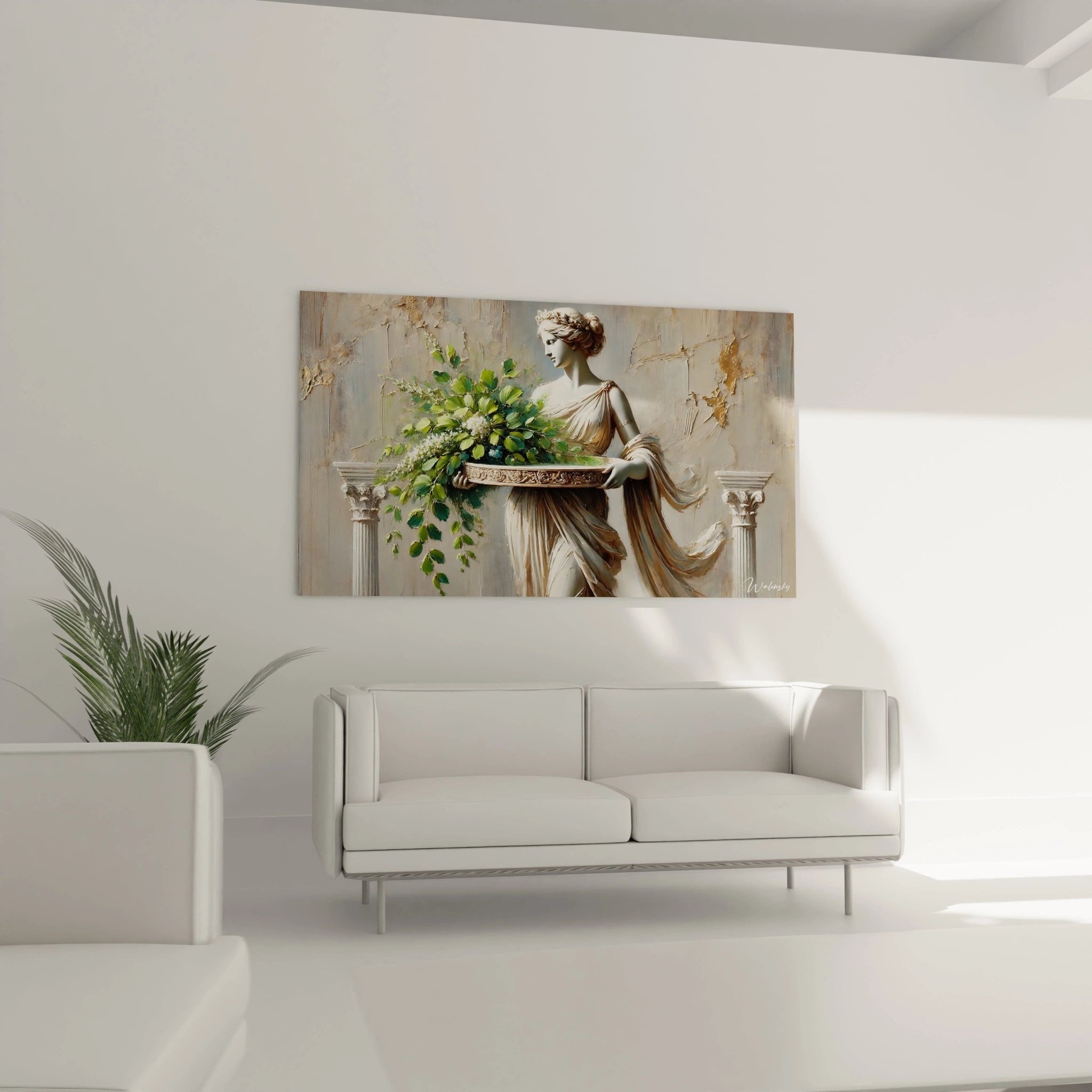 Nahaufnahme Details römische Göttin Statue mit grünen Blättern und weißen Blüten