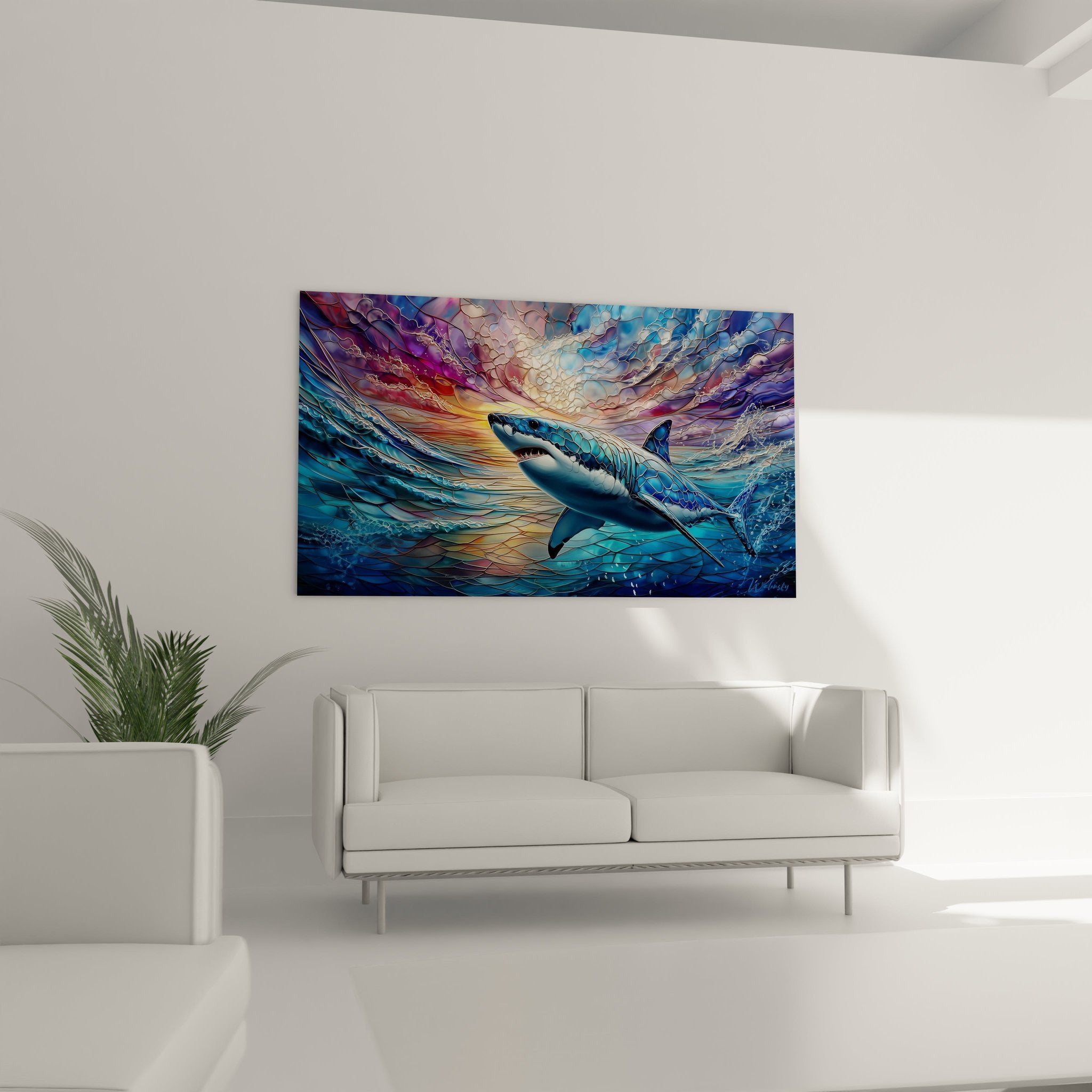 Detailaufnahme Hai Wandbild zeigt kunstvolle Wasserwellen in Blau und Violett Tönen