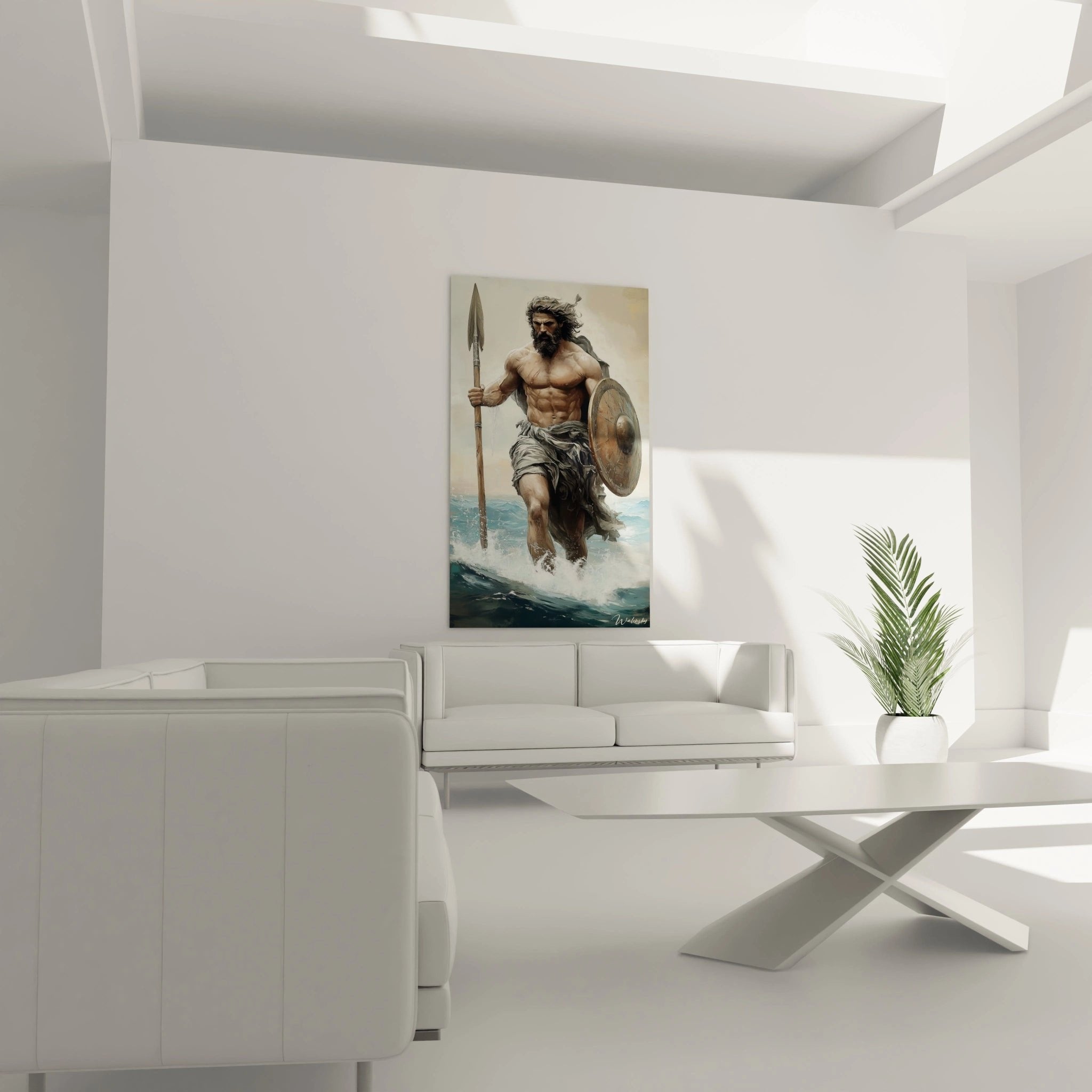 Detailaufnahme Poseidon Wandbild mit muskulösem Meeresgott und charakteristischem Dreizack