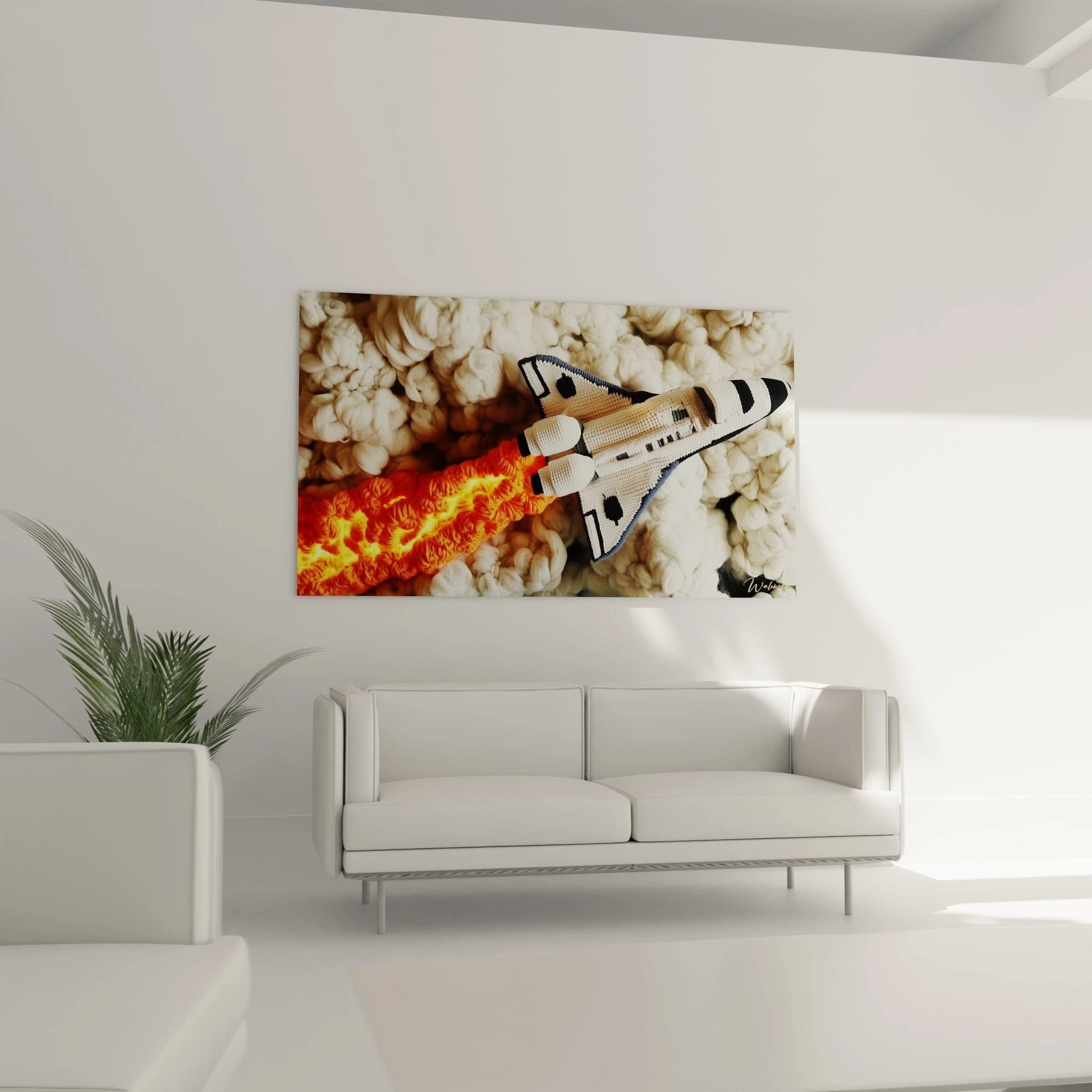 Nahaufnahme Raumschiff Wandbild Häkeloptik - detailreiche textile Struktur mit Feuerschweif