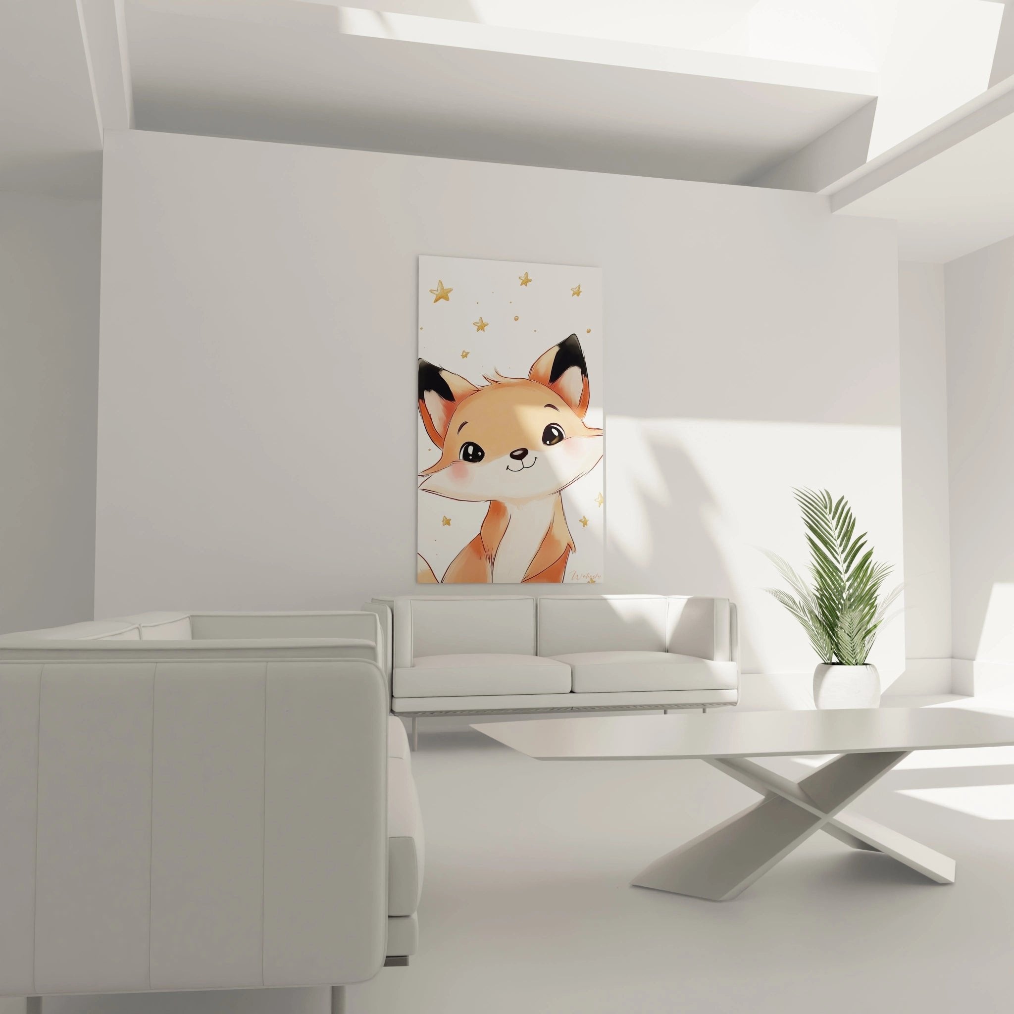 Detailansicht des süßen Fuchsgesichts mit großen Augen und goldenen Sternen Wandkunst