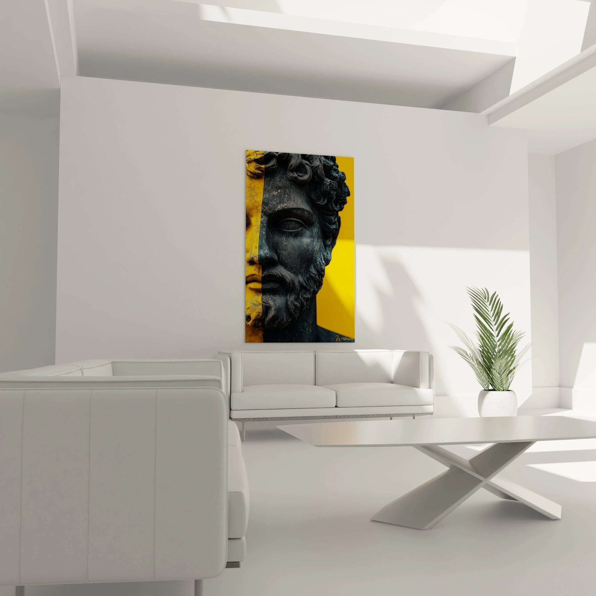 Nahaufnahme der Buddha Statue zeigt detaillierte Gesichtszüge und lockige Haare in Grautönen