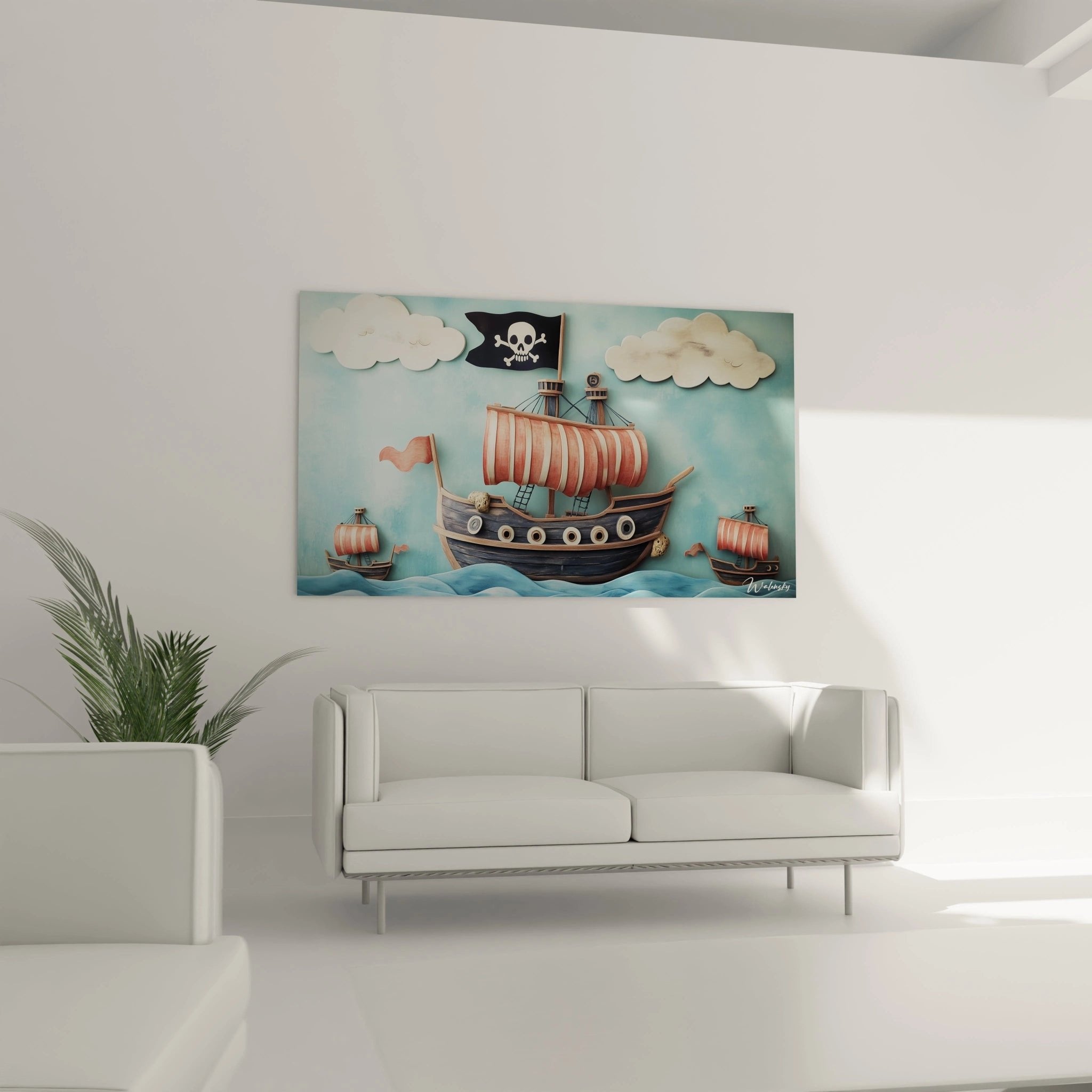 Nahaufnahme Piratenschiff Wandbild mit detaillierten Segeln, Masten und Totenkopfflagge in 3D Optik