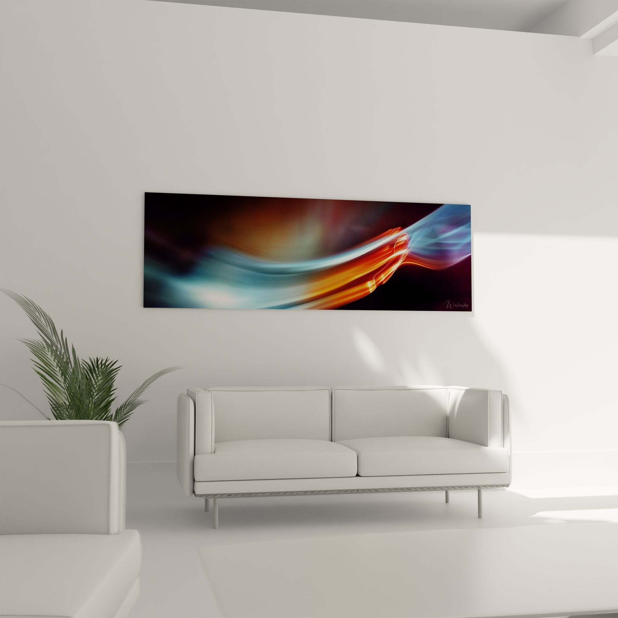 Detailaufnahme der leuchtenden Lichtwellen mit intensiven Orange- und Blautönen in fließender Bewegung