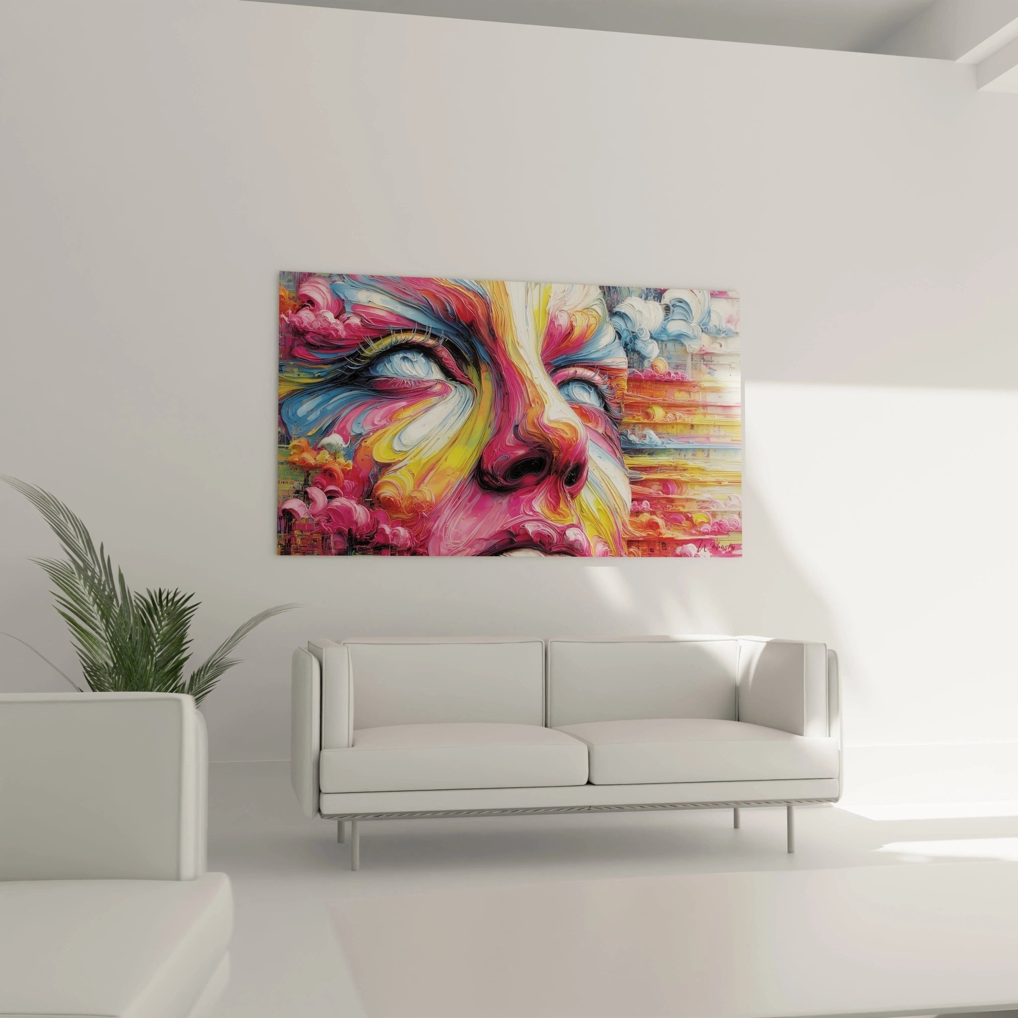 Detailansicht des abstrakten Gesichts-Wandbildes mit leuchtenden Pinselstrichen und Farbverläufen