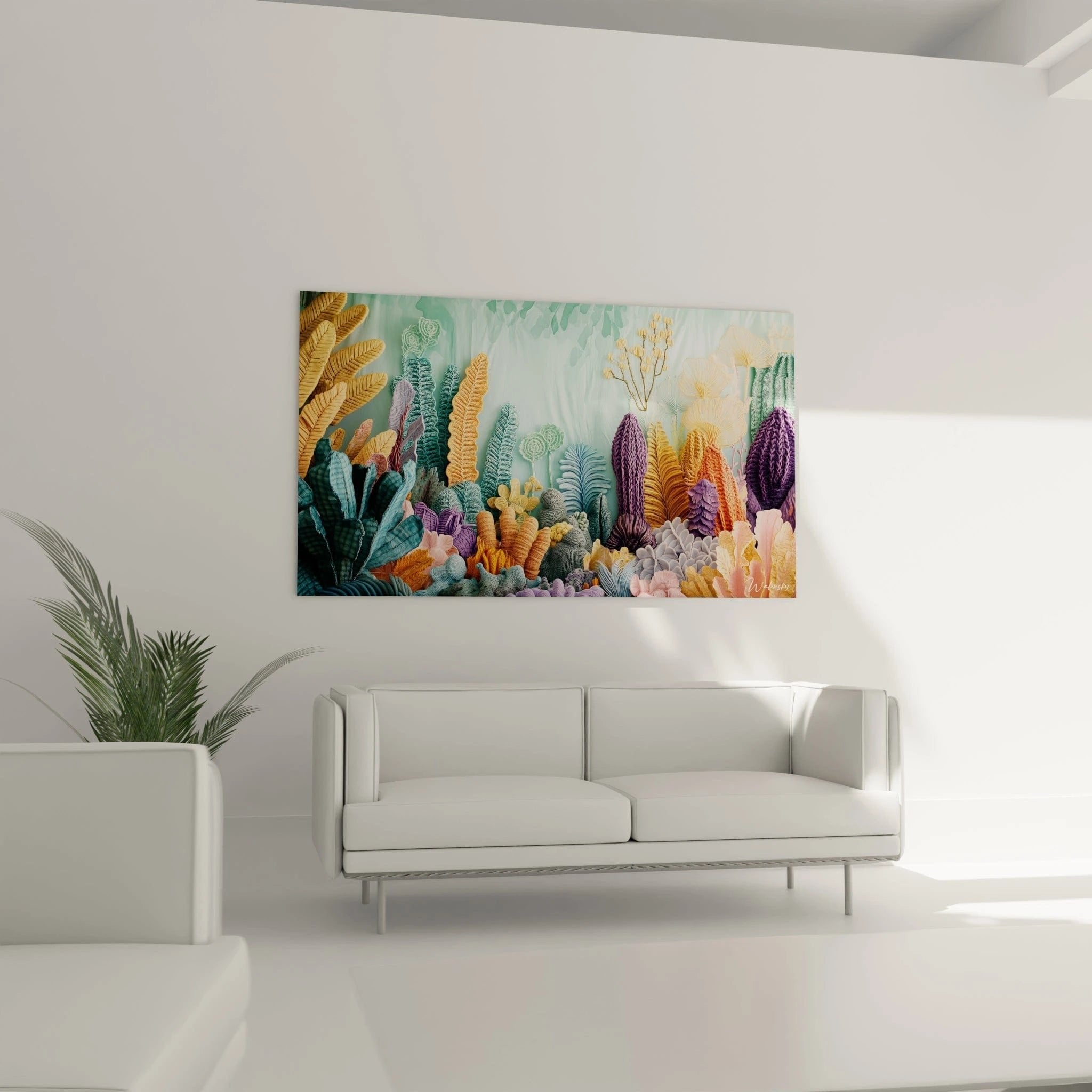 Nahaufnahme der Häkeloptik-Struktur bei Korallen Wandbild, detaillierte textile Oberfläche in Türkis und Gold