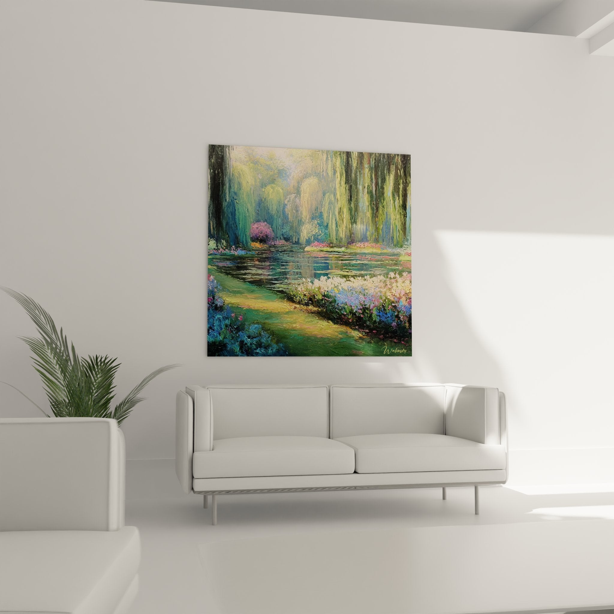 Nahaufnahme des Wandbildes zeigt impressionistische Maltechnik mit Trauerweiden und Teichspiegelung