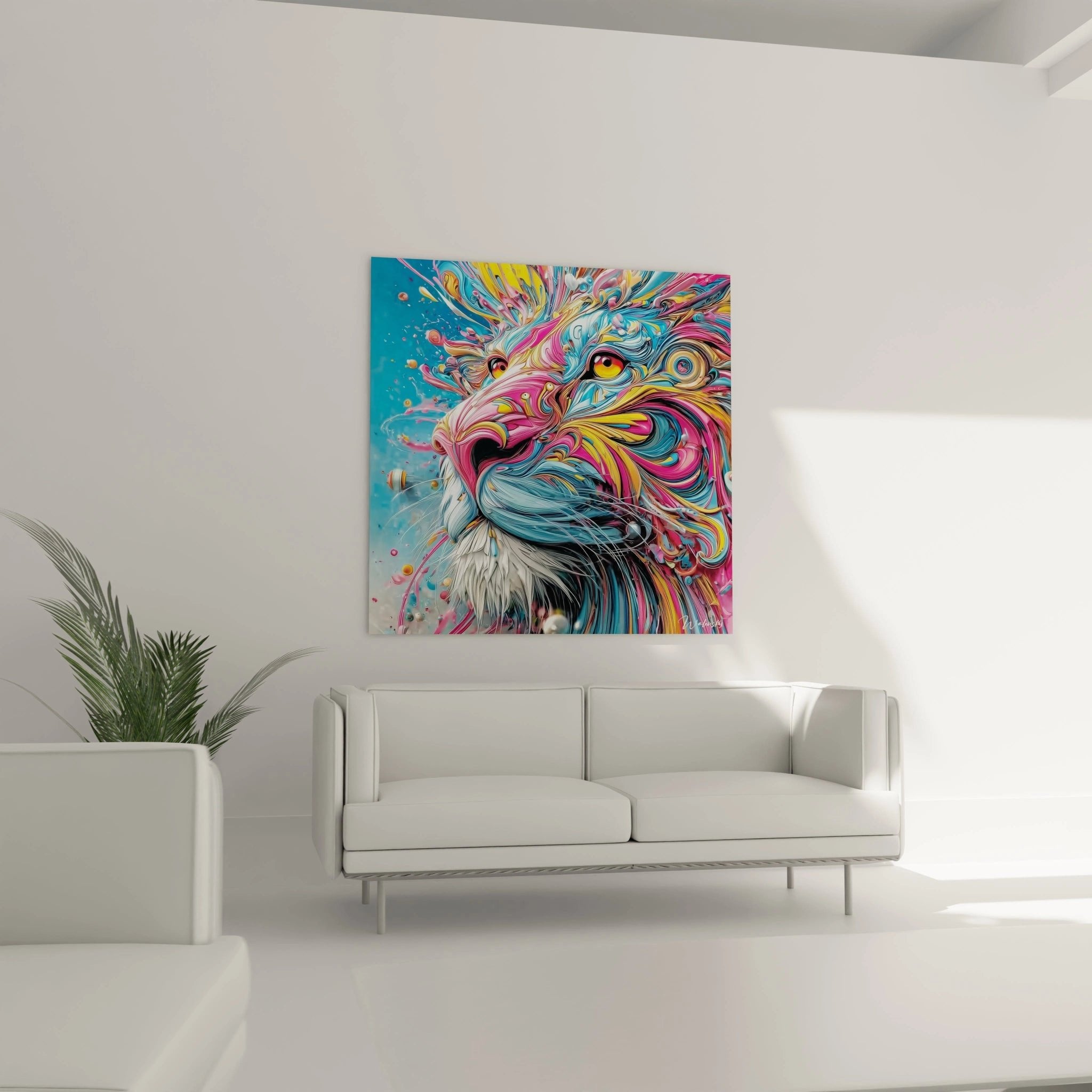 Nahaufnahme Löwe Farbexplosion Wandbild - Details der wirbelnden Mähne in intensiven Farbtönen