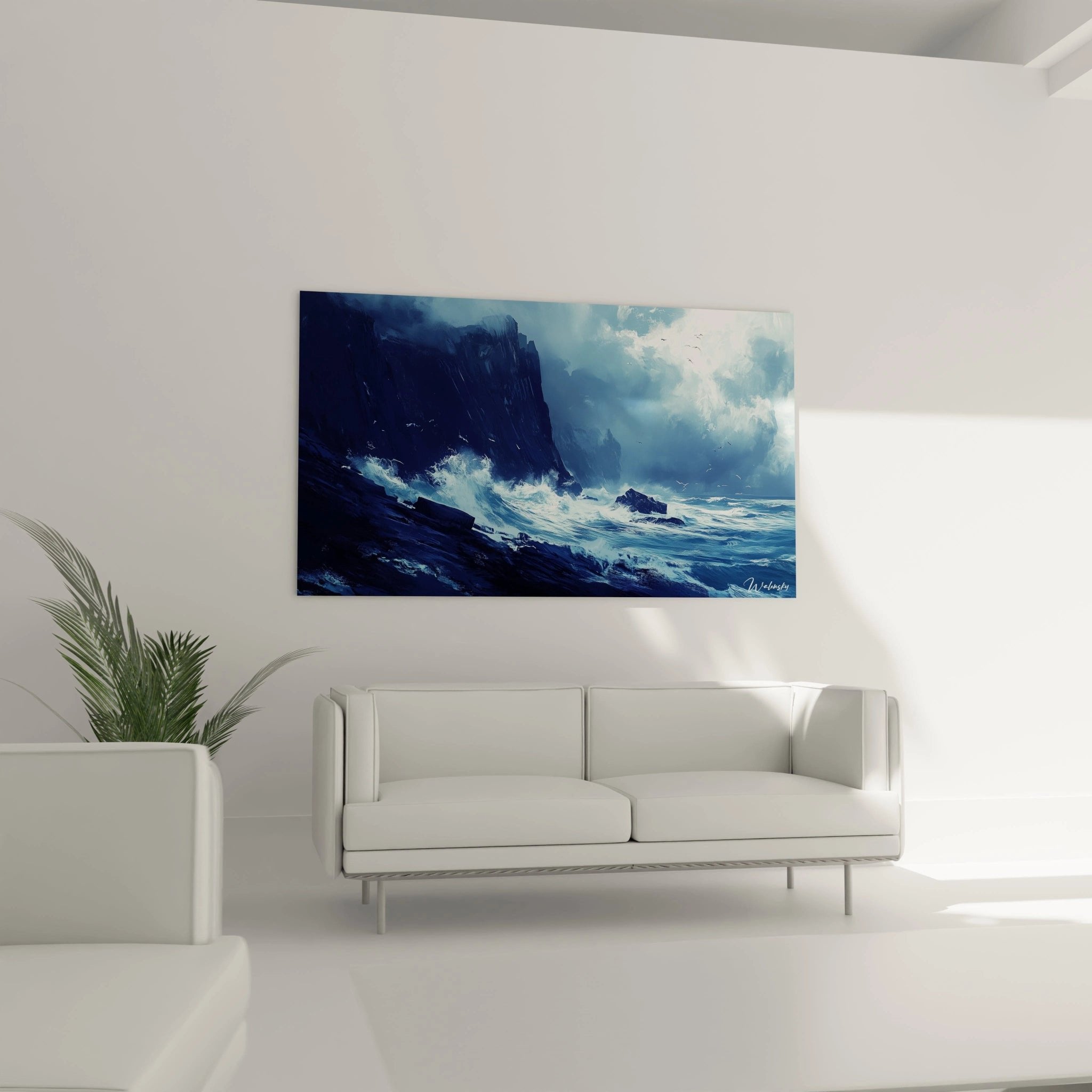 Nahaufnahme des Meeressturm Wandbilds zeigt Details der schäumenden Wellen und Felsklippen