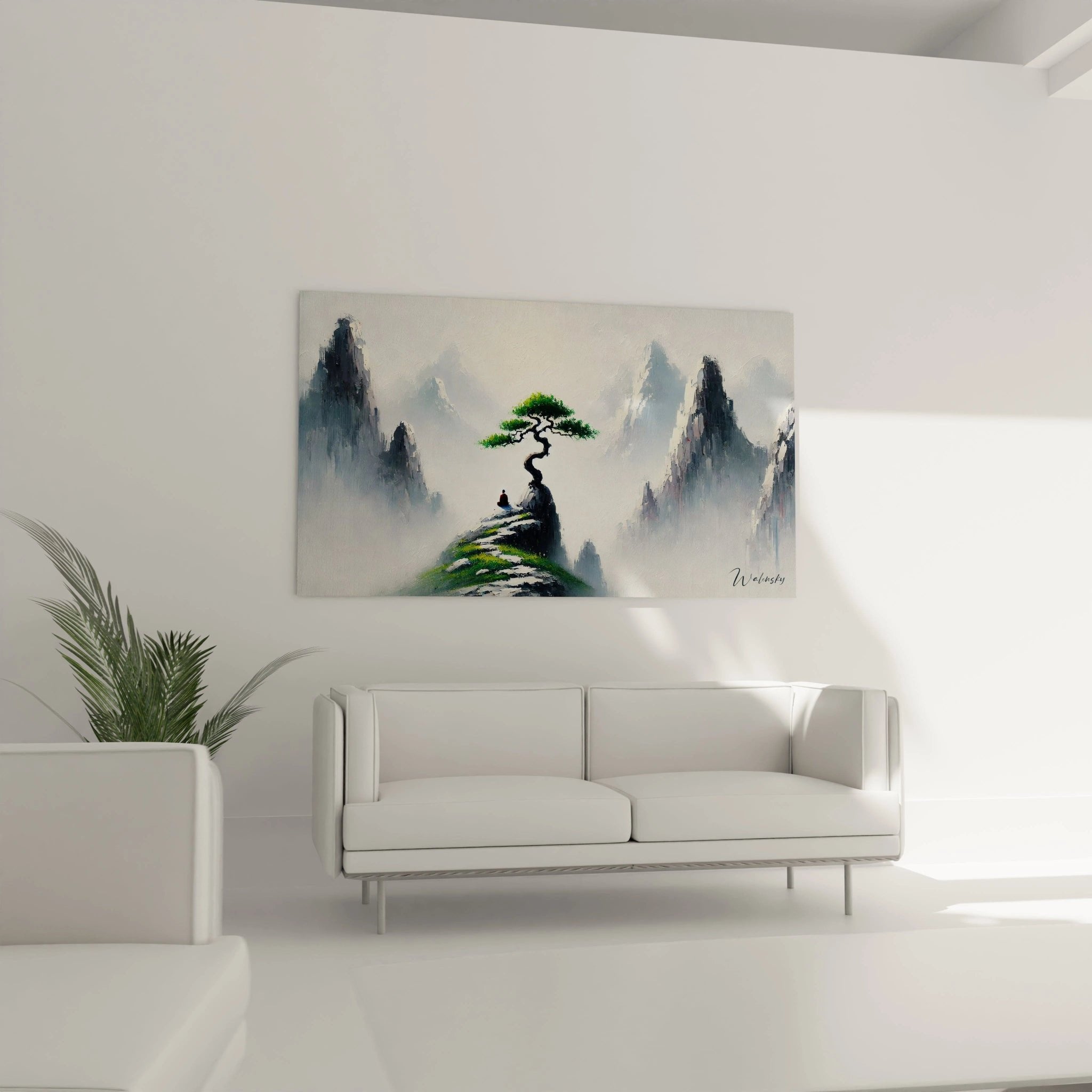 Nahaufnahme des Bonsai-Baums mit grüner Krone auf Felsgipfel, detailreiche Zen-Meditation Kunstdarstellung