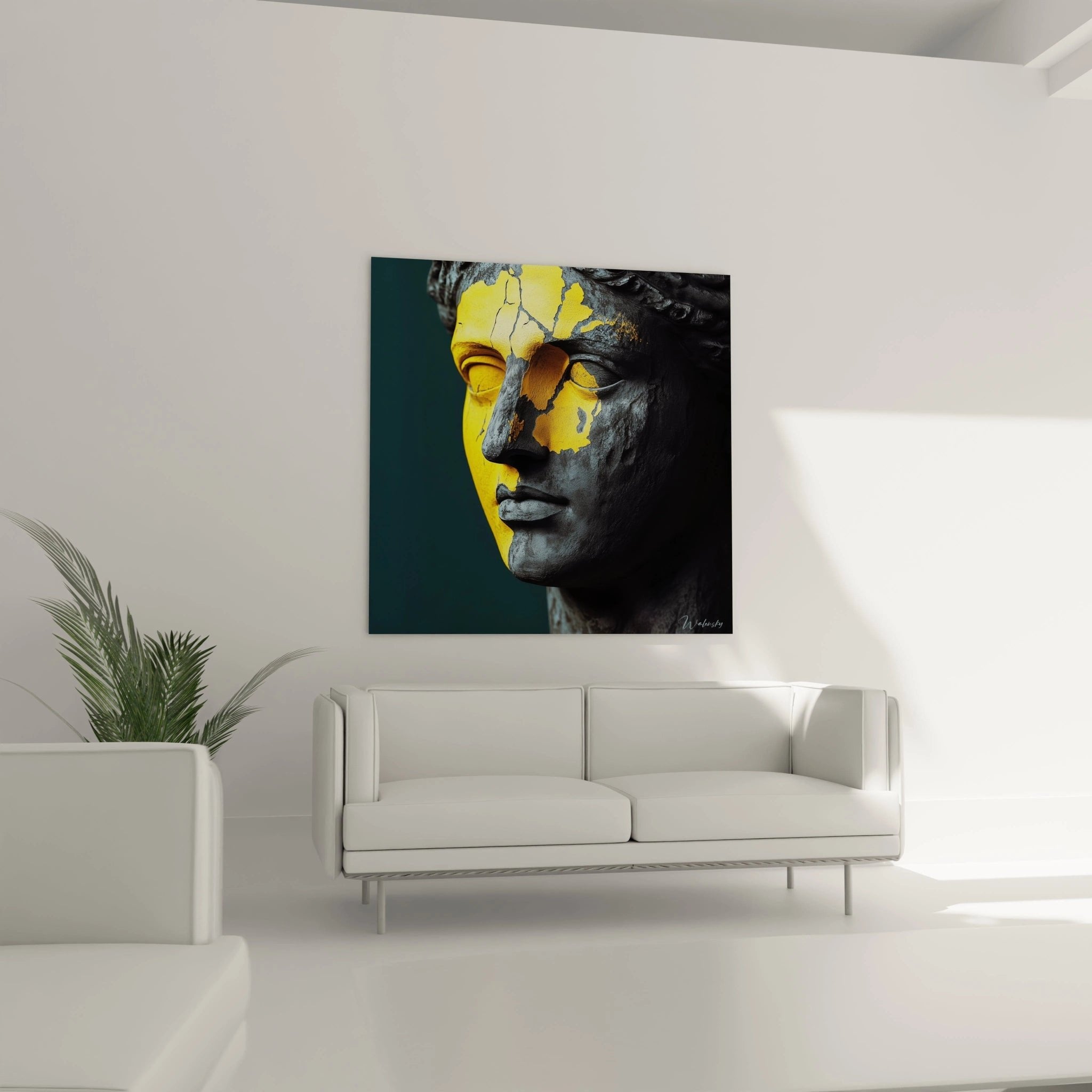 Nahaufnahme der goldenen Bruchlinien im Gesicht der klassischen Statue