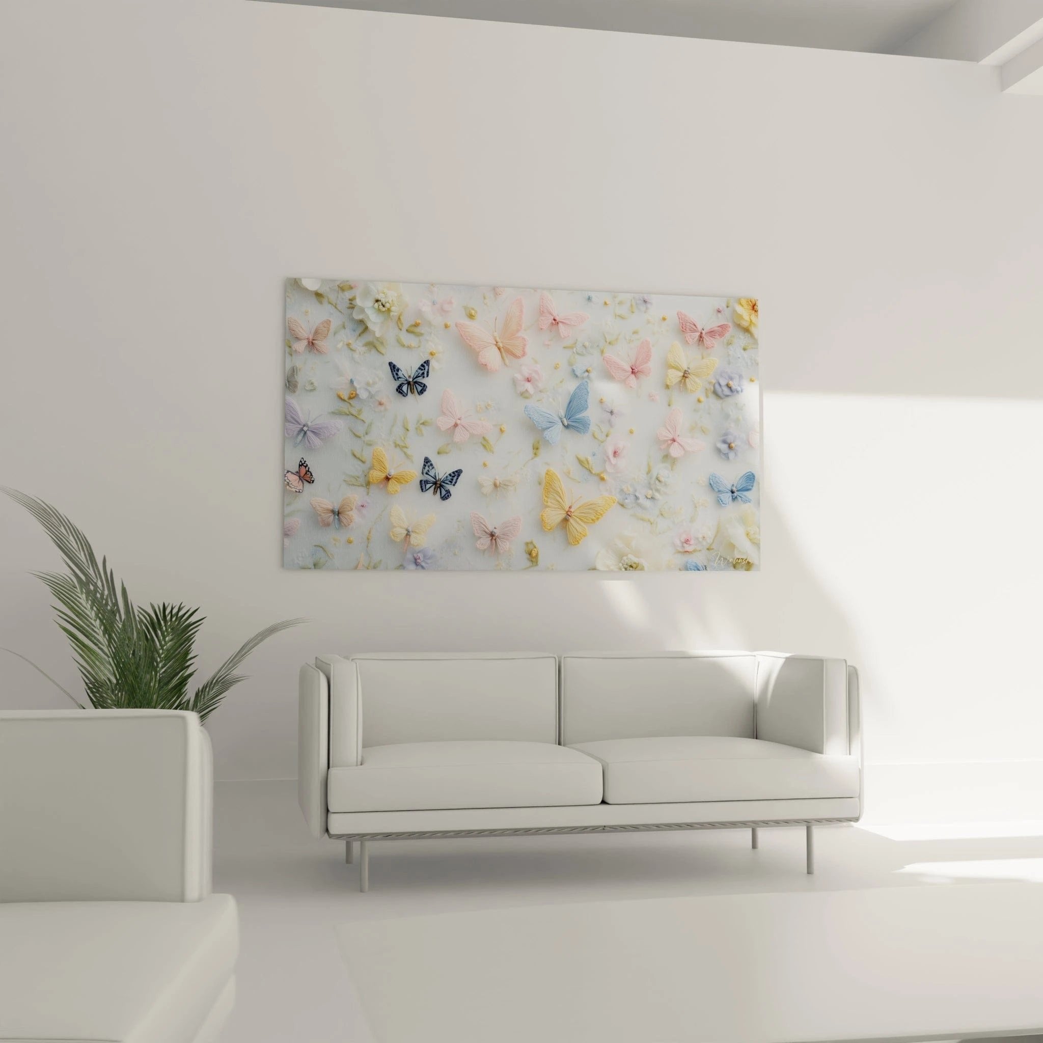 Nahaufnahme Häkeloptik Schmetterlinge mit floralen Details, filigrane Texturen in Pastellfarben