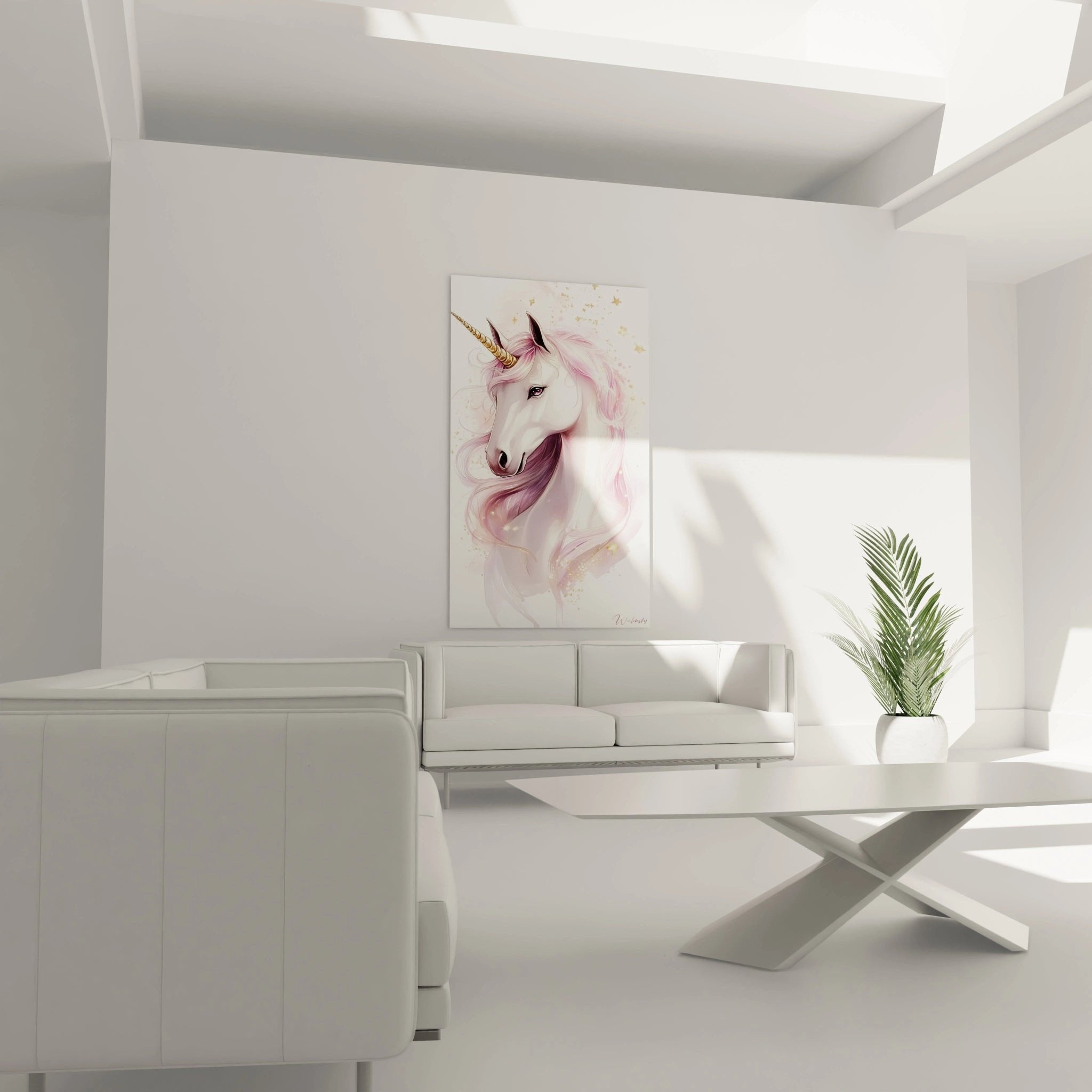 Nahaufnahme des Einhorn Wandbildes zeigt Details der rosa Mähne, goldenes Horn und ausdrucksvolle Augen