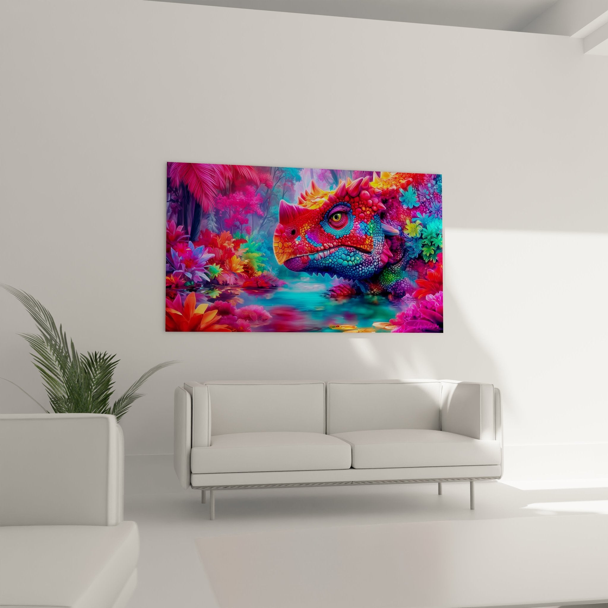 Detailaufnahme des farbenfrohen Scutosaurus mit schillernden Schuppen und charakteristischen Hörnern