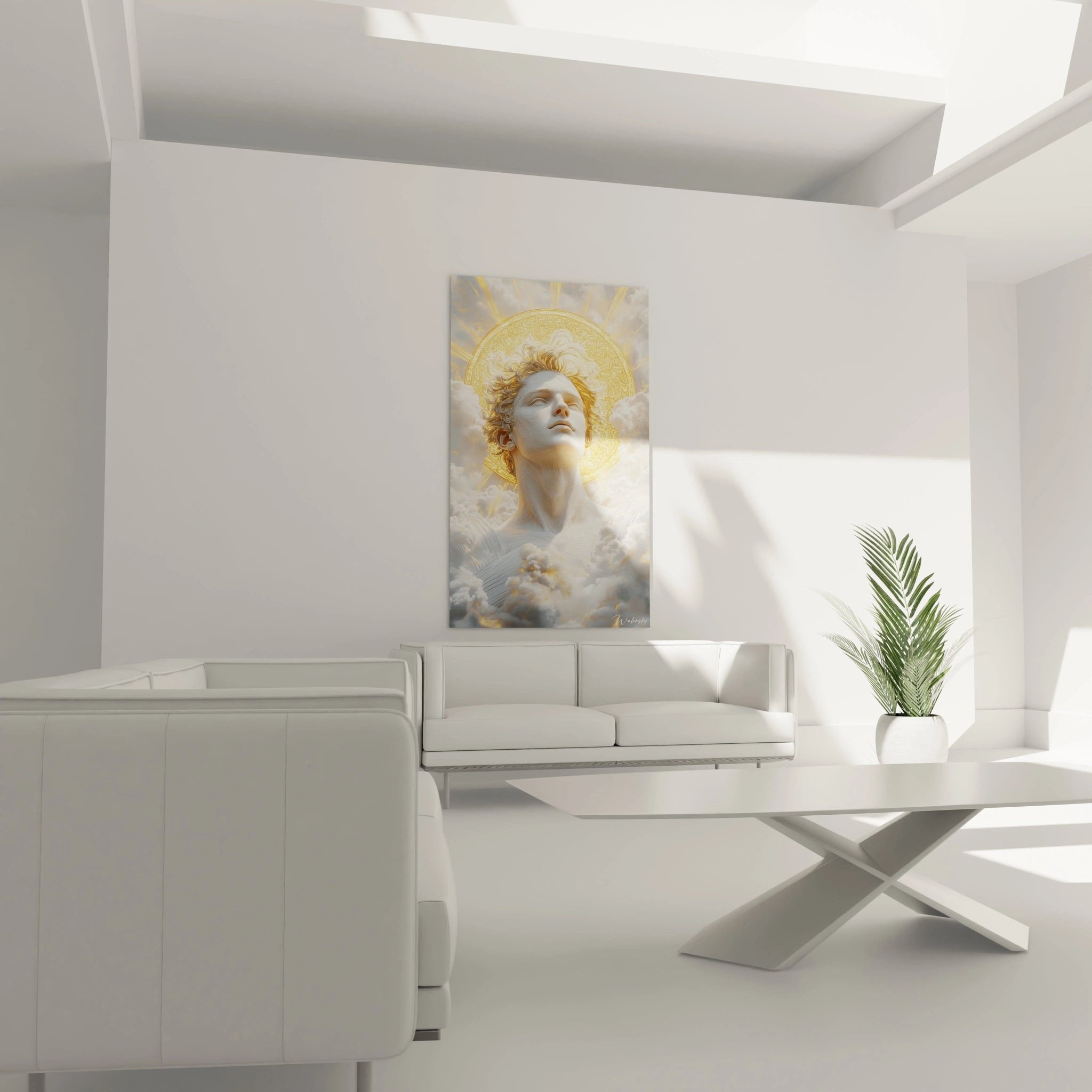 Detailaufnahme des Apollo Wandbildes mit ornamentalem Heiligenschein und klassischen Gesichtszügen in Goldtönen