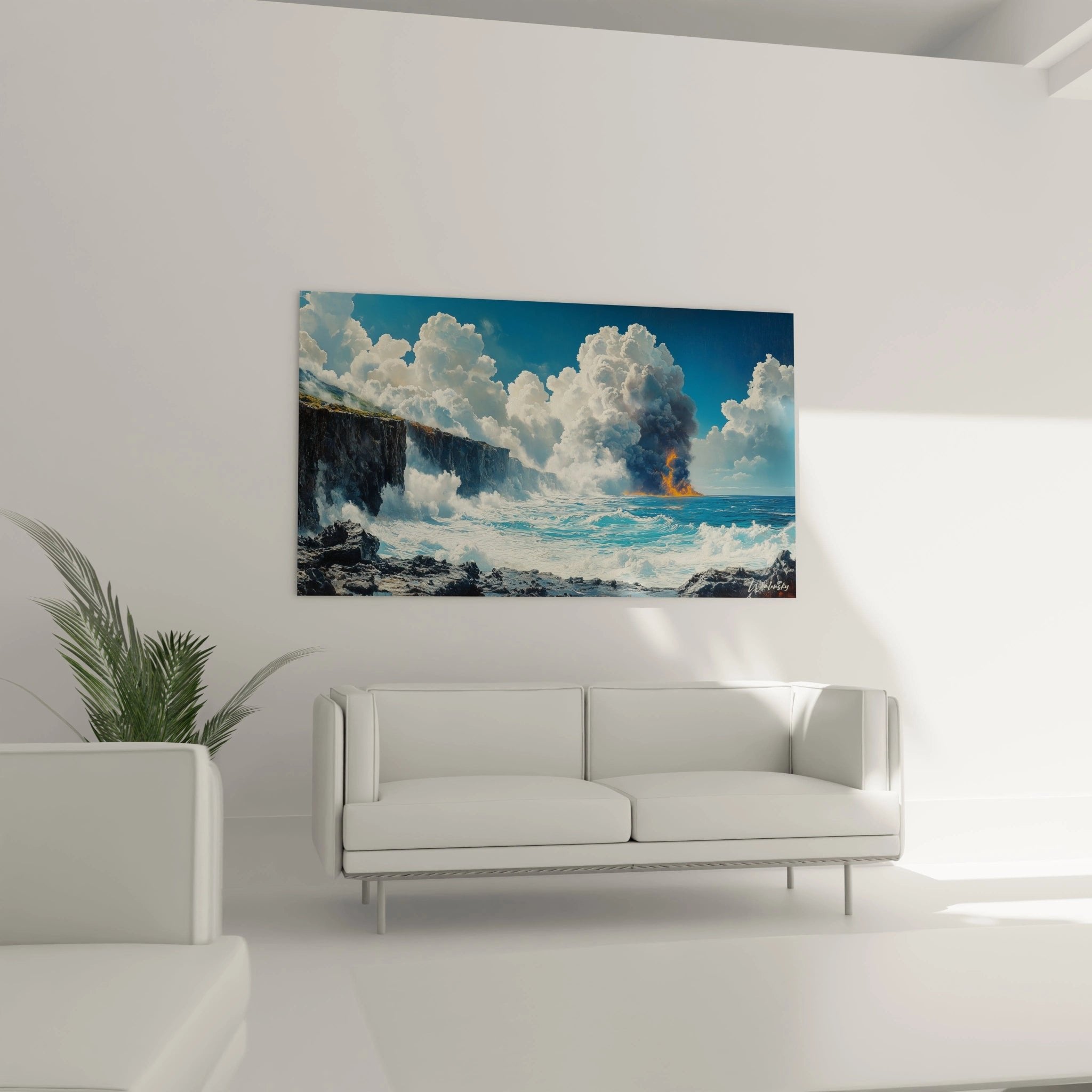 Detailaufnahme des Vulkan Wandbildes, realistische Darstellung von Lava, Dampf und schäumenden Meereswellen