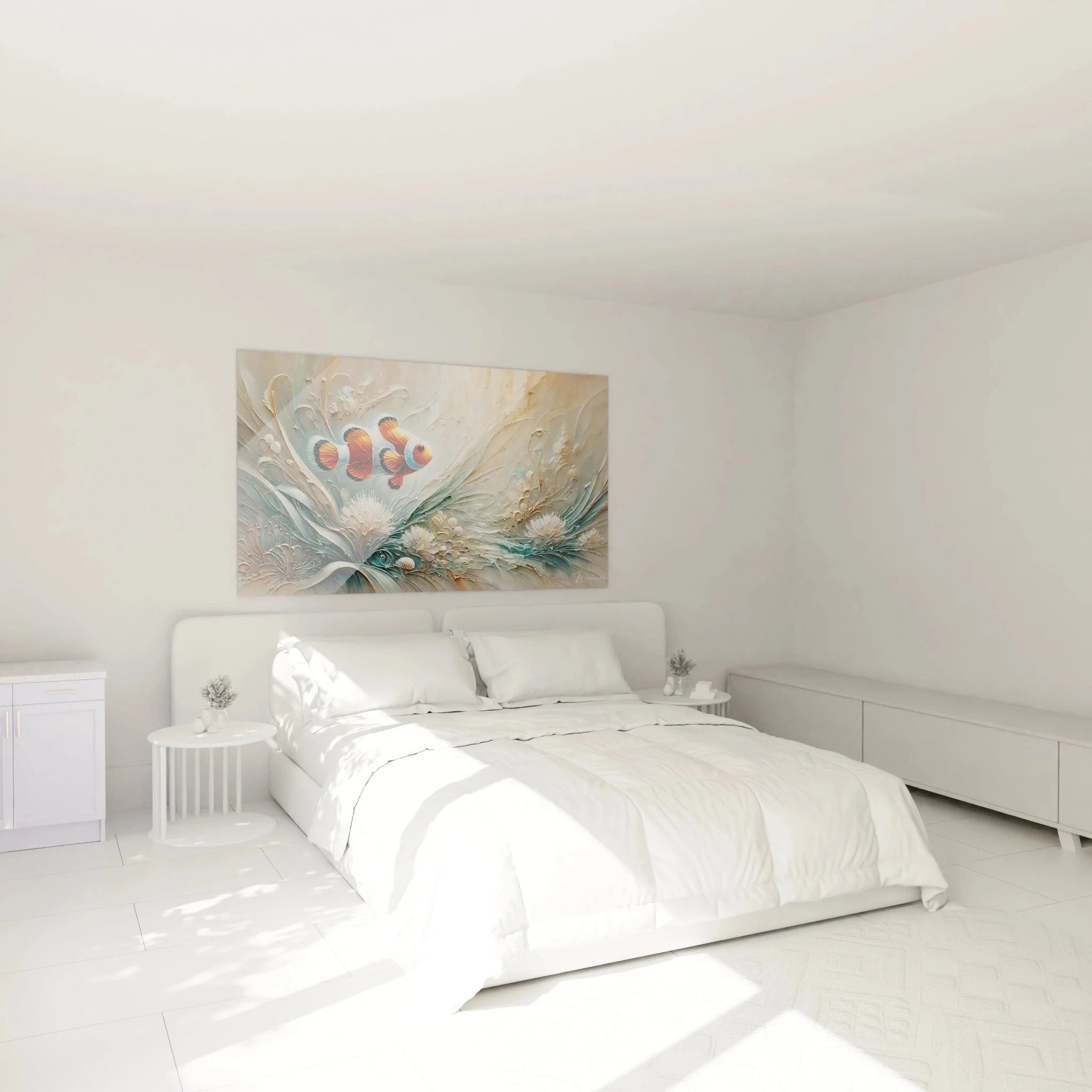 Clownfisch Wandbild im Schlafzimmer - Maritime Wanddekoration mit 3D Korallen Effekt