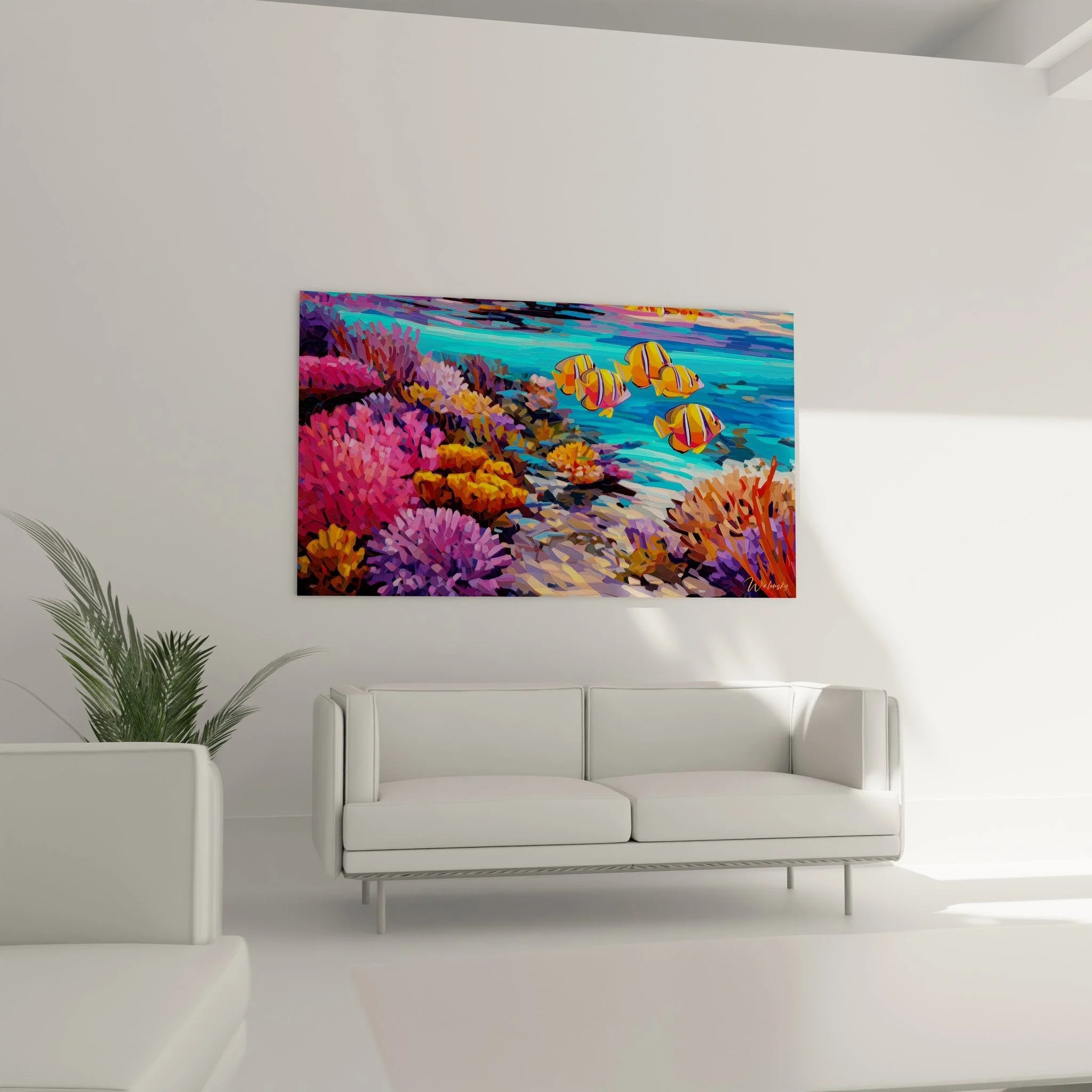 Detailansicht Clownfische zwischen rosa und lila Korallen im Ozean Wandbild