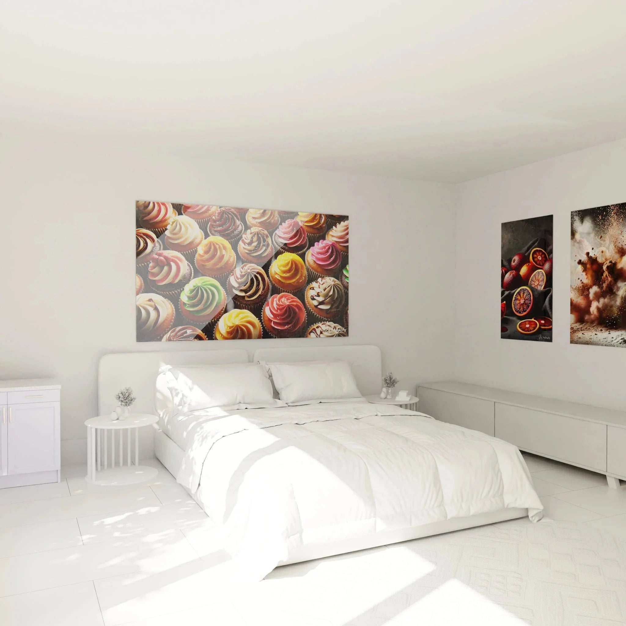 Cupcakes Wandbild im Schlafzimmer - bunte Törtchen Kunstdruck als moderne Raumdekoration
