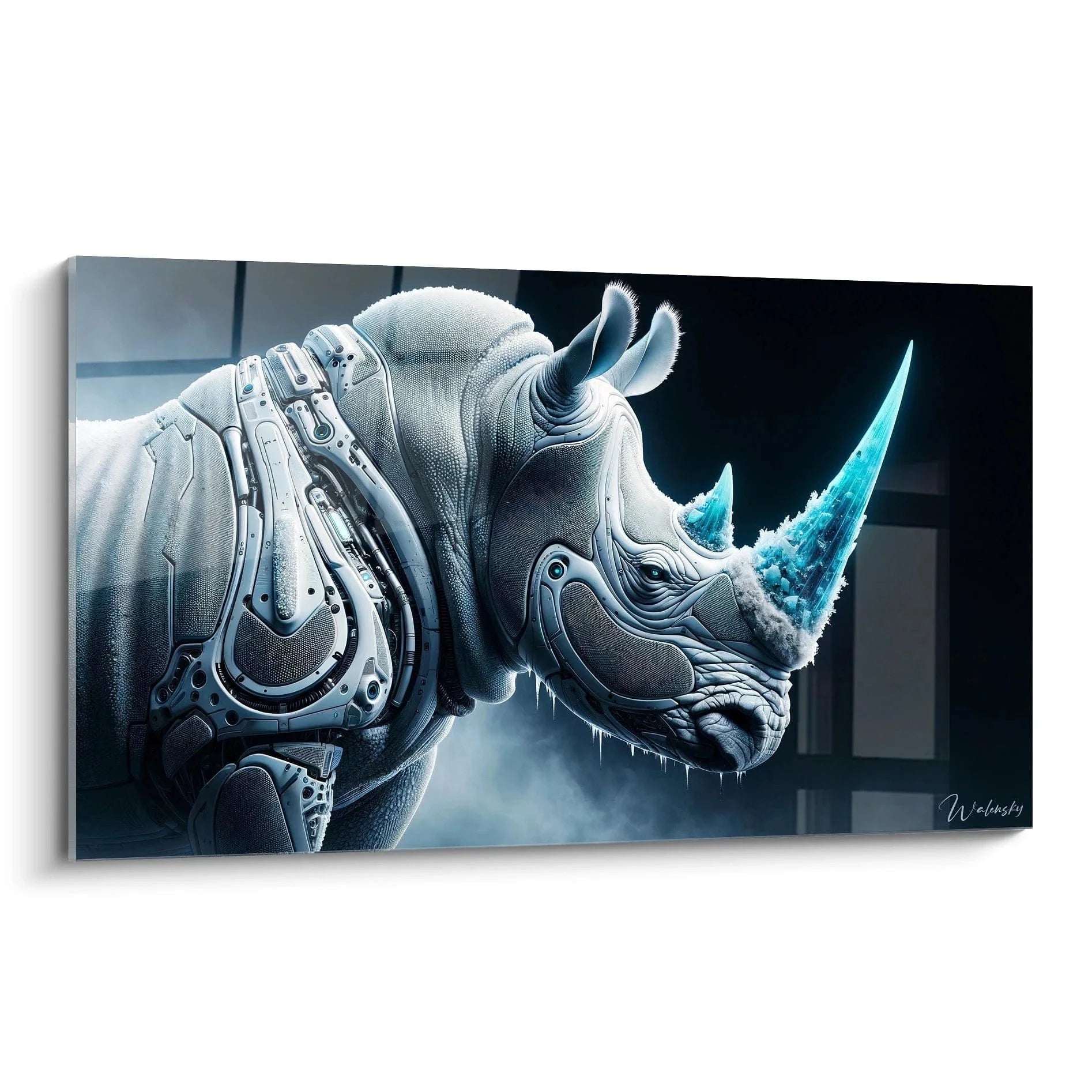 Futuristisches Cyber Nashorn Wandbild mit leuchtend türkisem Horn und mechanischen Elementen