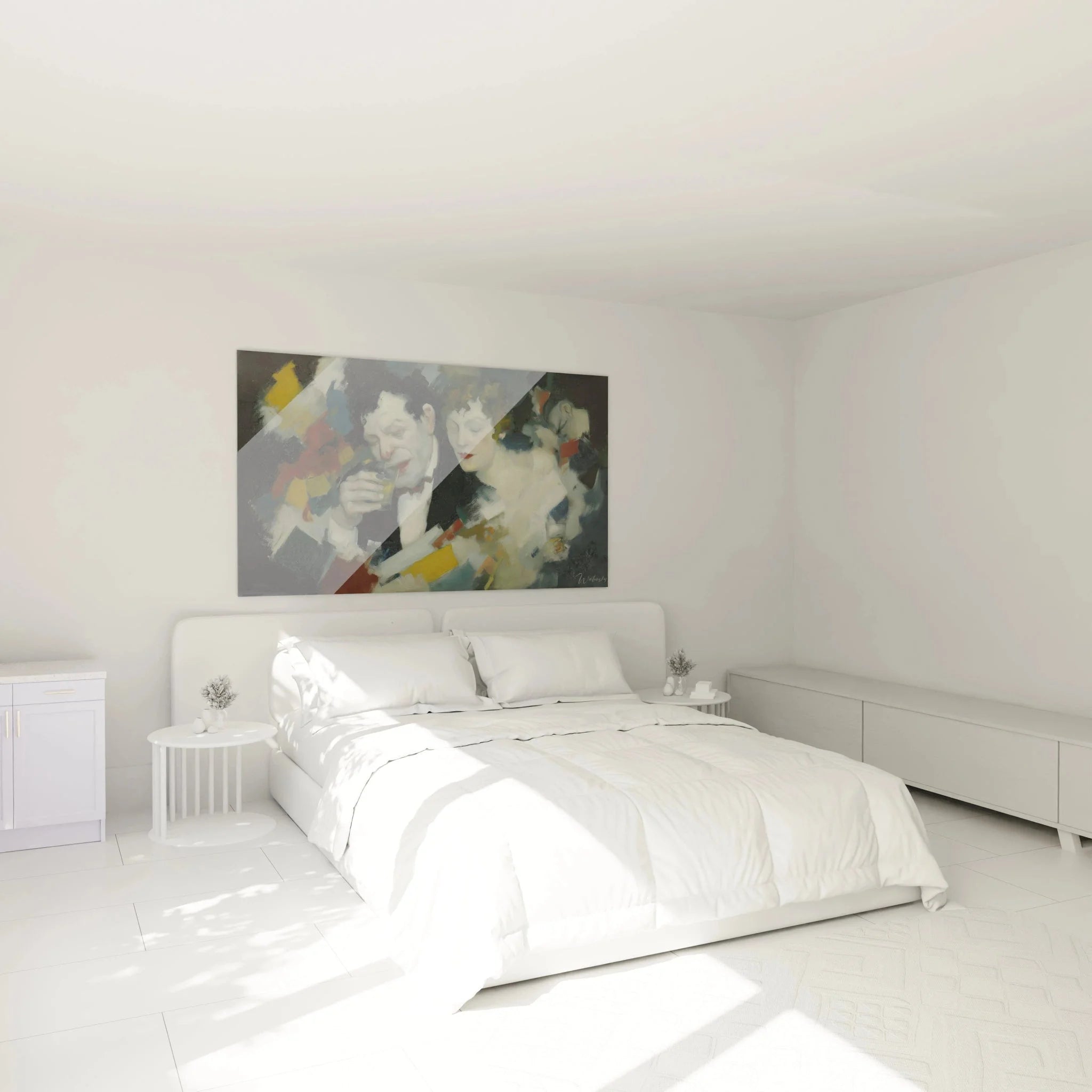 Dadaismus Wandbild Nachtleben in modernem Schlafzimmer als stilvolle Wanddekoration über dem Bett platziert