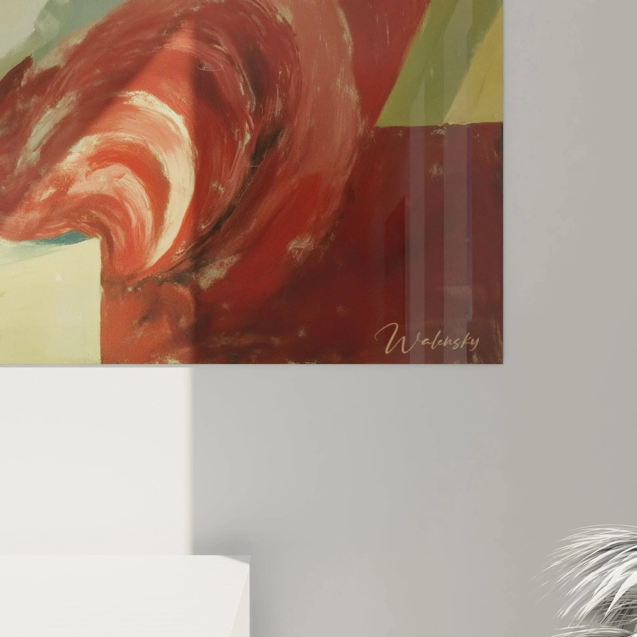 Gesamtansicht des Dadaismus Wandbildes lesende Frau mit geometrischen Formen und kubistischen Elementen