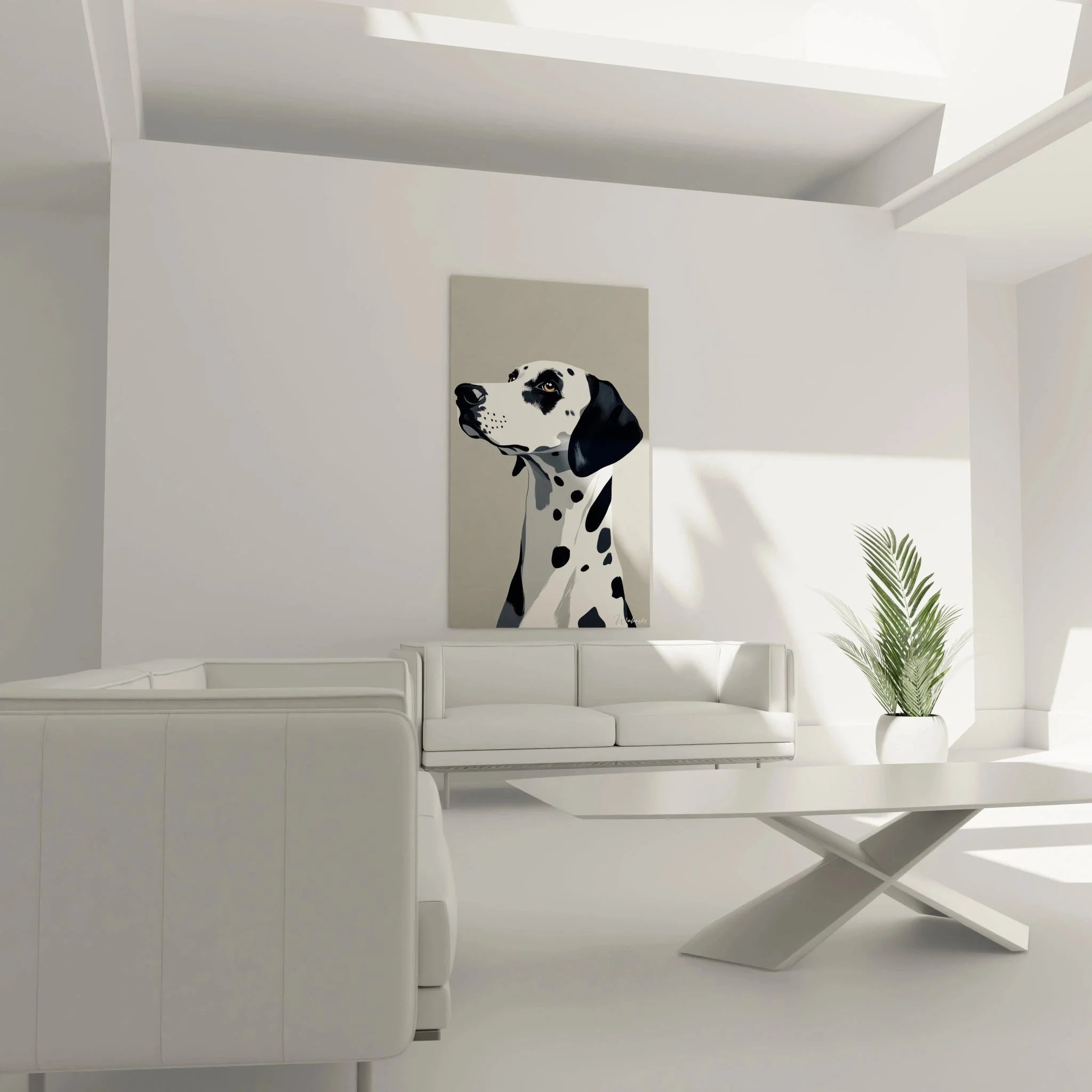 Detailansicht Dalmatiner Gesicht Wandbild, schwarze Punkte auf weißem Fell, braune Augen
