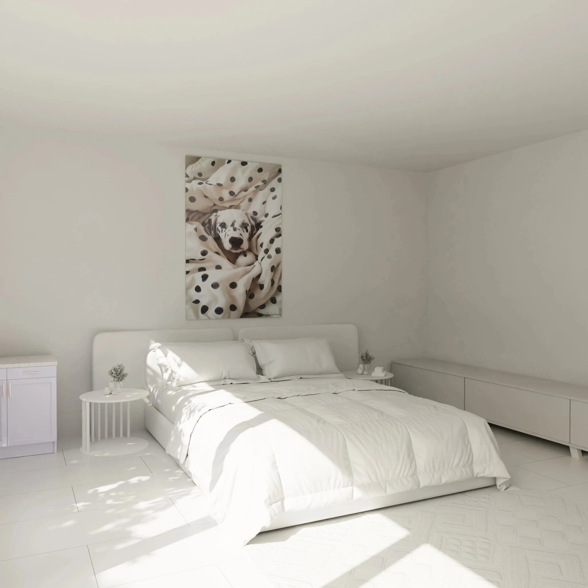 Dalmatiner Wandbild XXL im Schlafzimmer - Gemütliche Wanddekoration mit Welpe in Decke