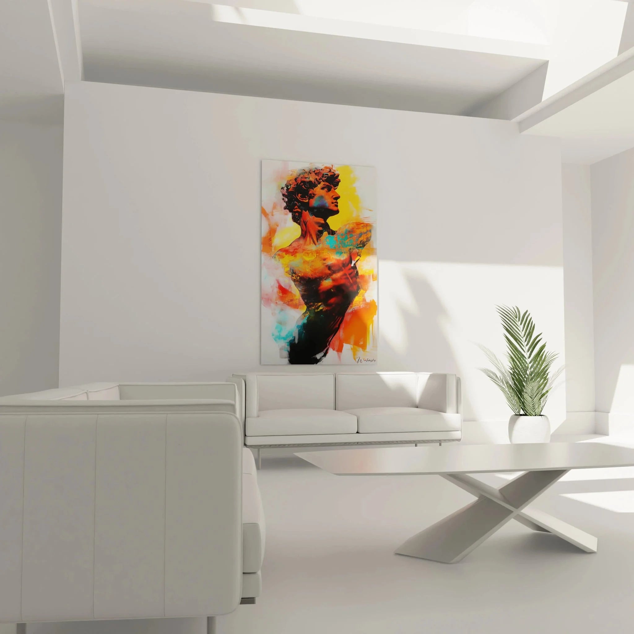 Detailansicht Wandbild David Kopf mit abstrakten Farbspritzern Michelangelo Kunst