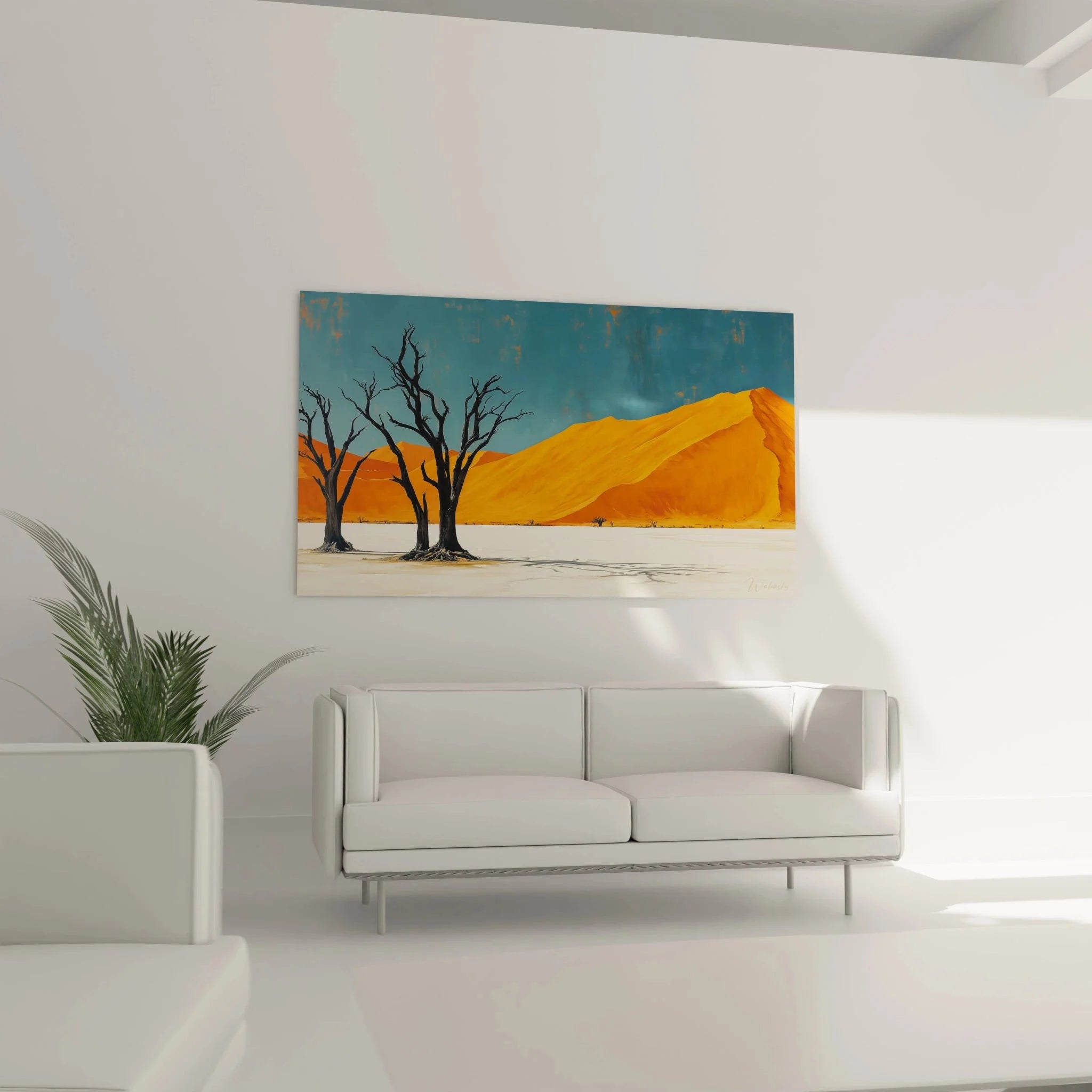 Detailaufnahme der schwarzen Baumsilhouetten im Deadvlei Kunstdruck