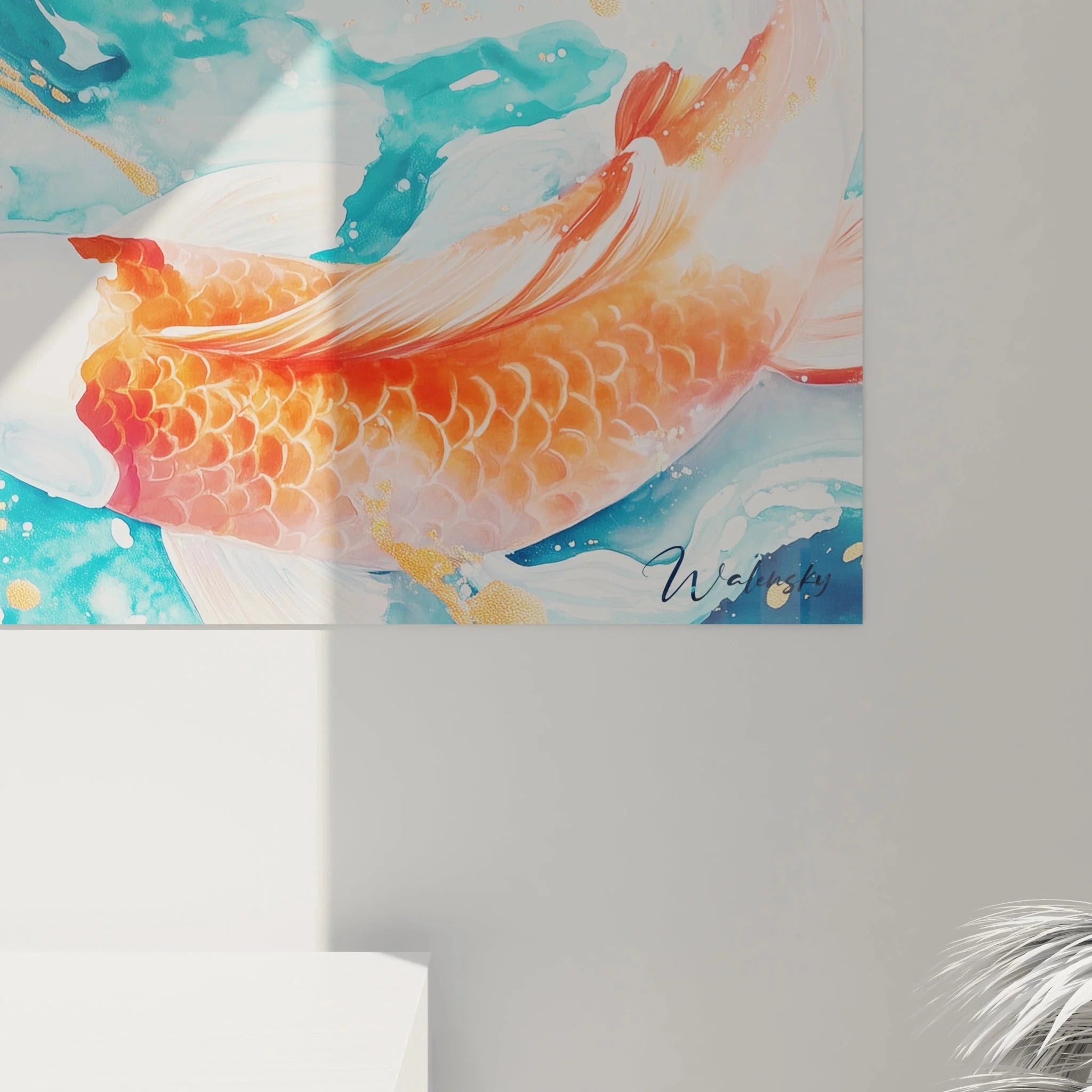 Gesamtansicht Designer Wandbild Koi-Karpfen, komplette Unterwasserwelt Komposition mit zwei Fischen