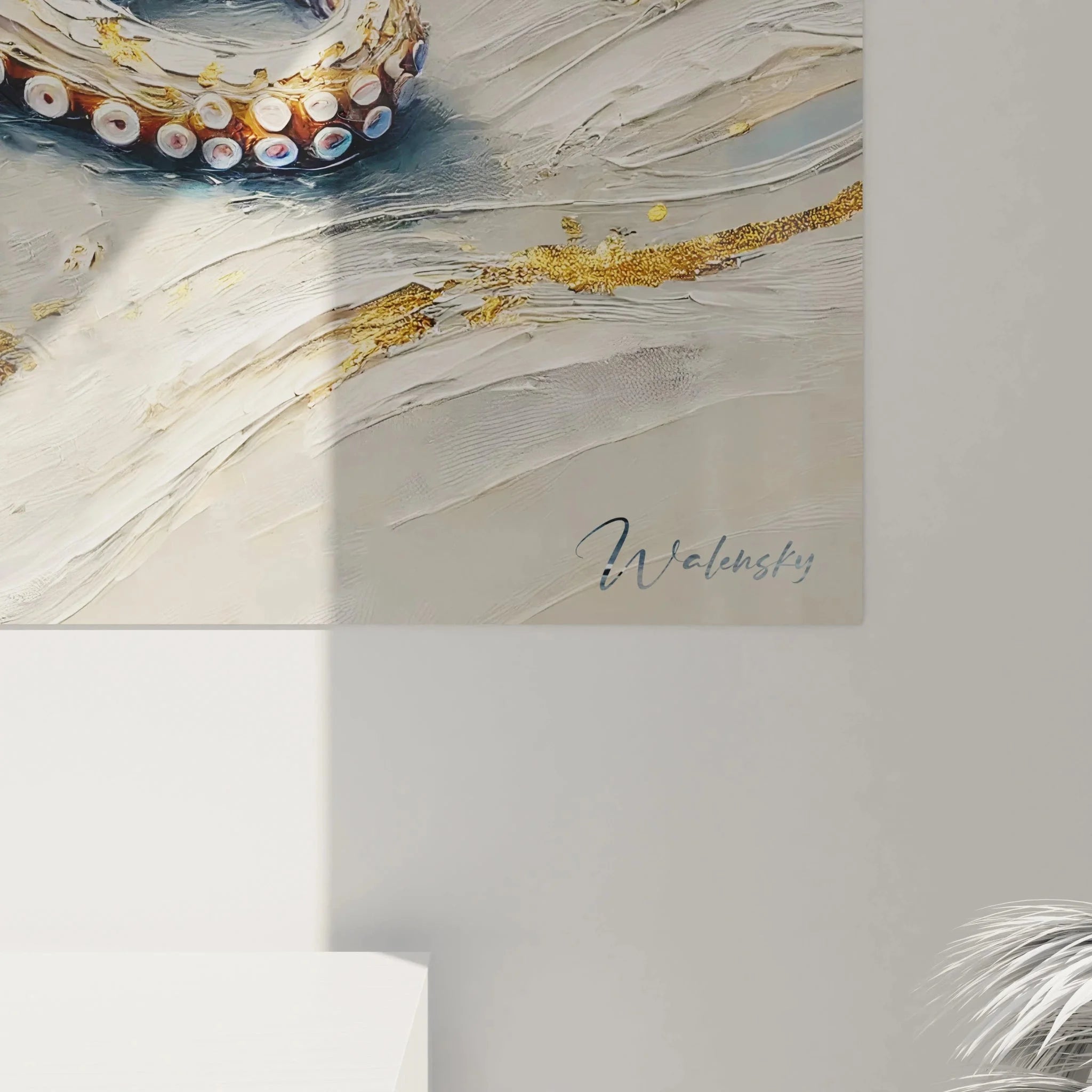 Gesamtansicht Designer Wandbild Oktopus mit fließenden Tentakeln und luxuriöser Ausstrahlung