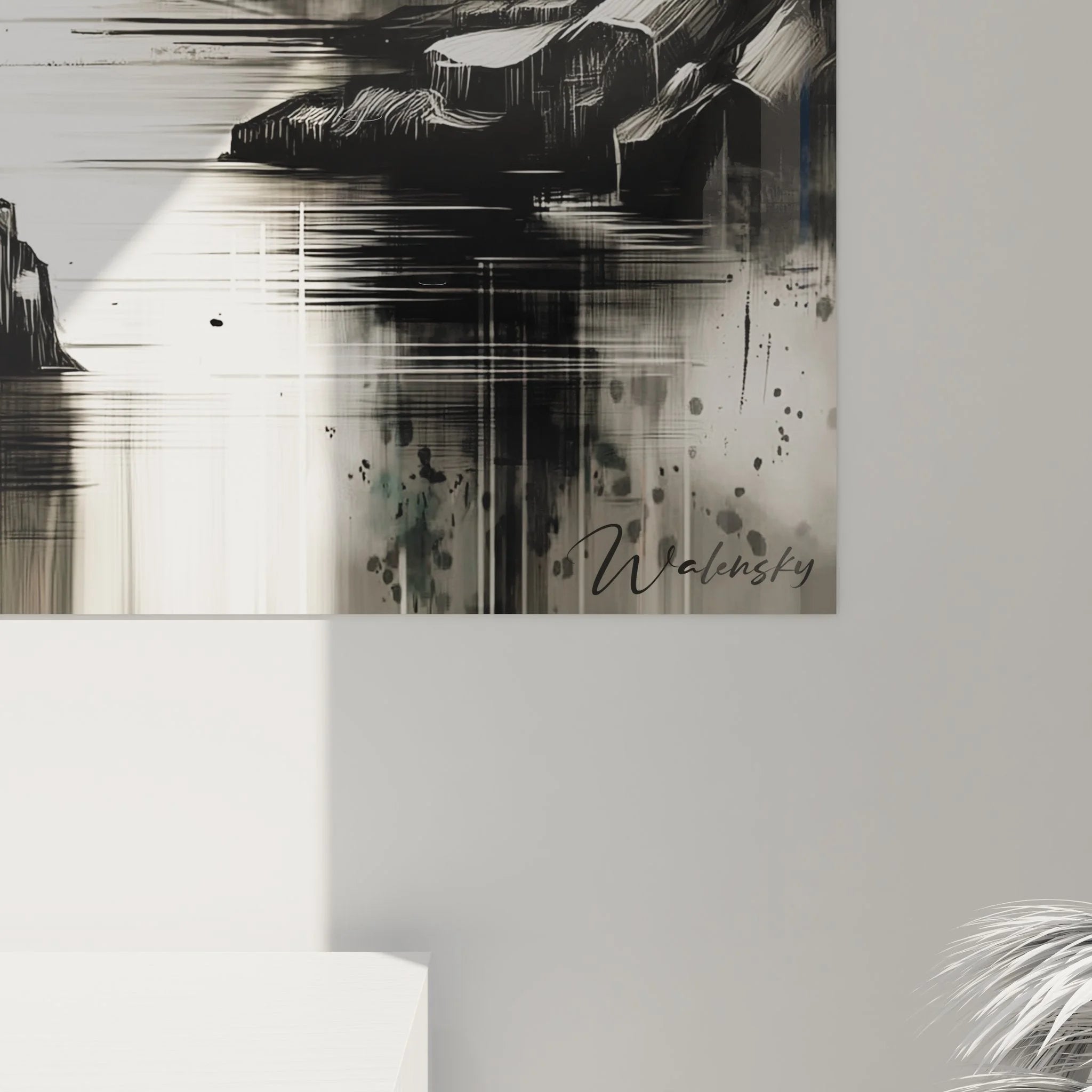 Gesamtansicht des Designer Wandbildes Wasserfall mit moderner abstrakter Naturdarstellung