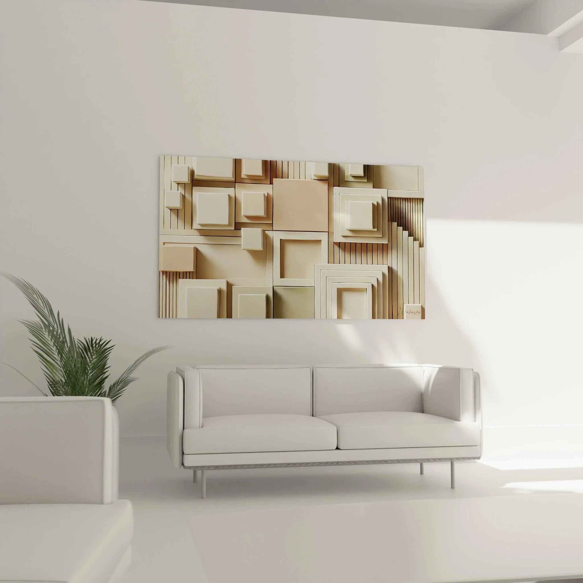 Detailaufnahme der dreidimensionalen geometrischen Strukturen des beigen Relief Wandbildes