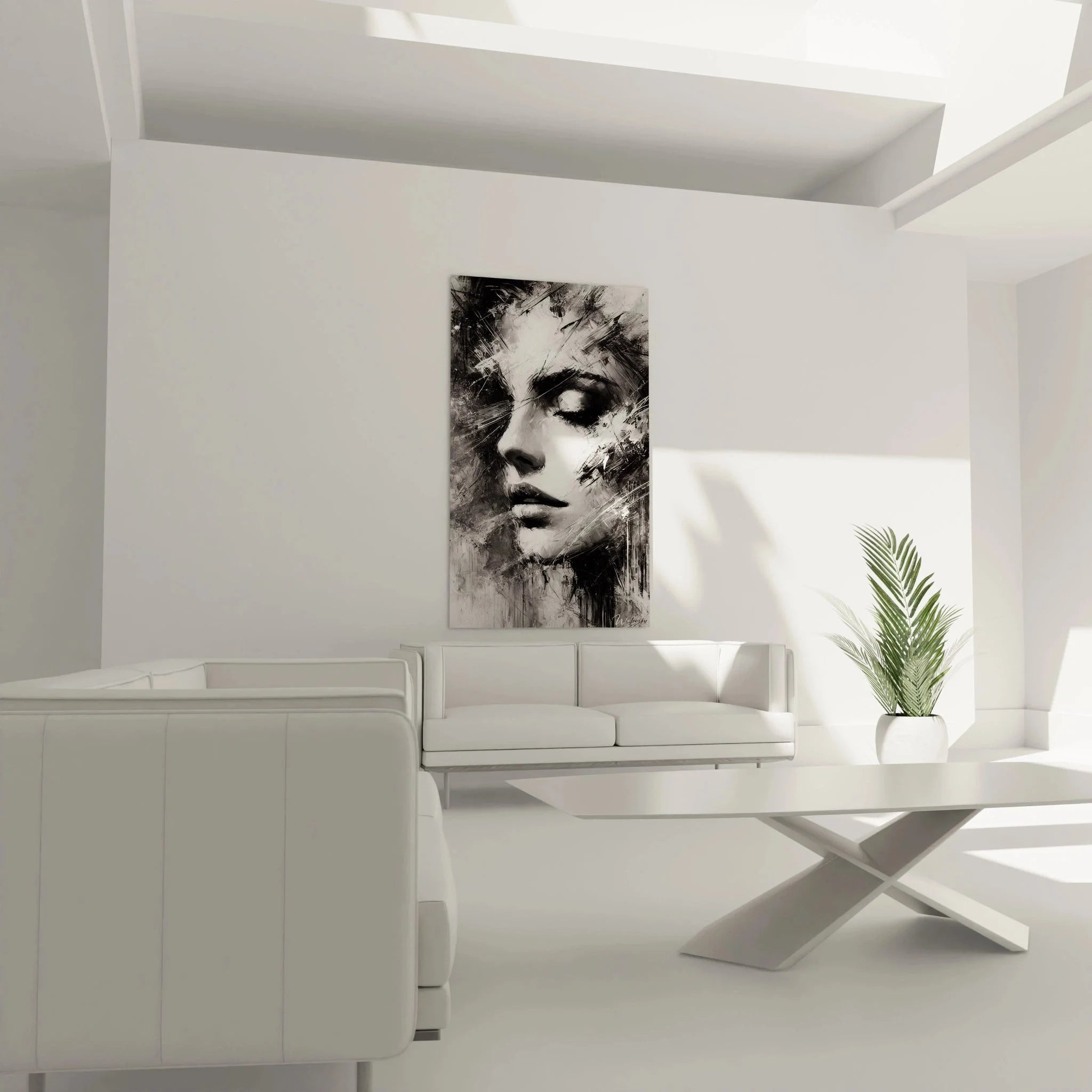 Detailansicht abstrakt schwarz-weiß Frauenportrait mit expressiver Pinselführung und emotionaler Tiefe