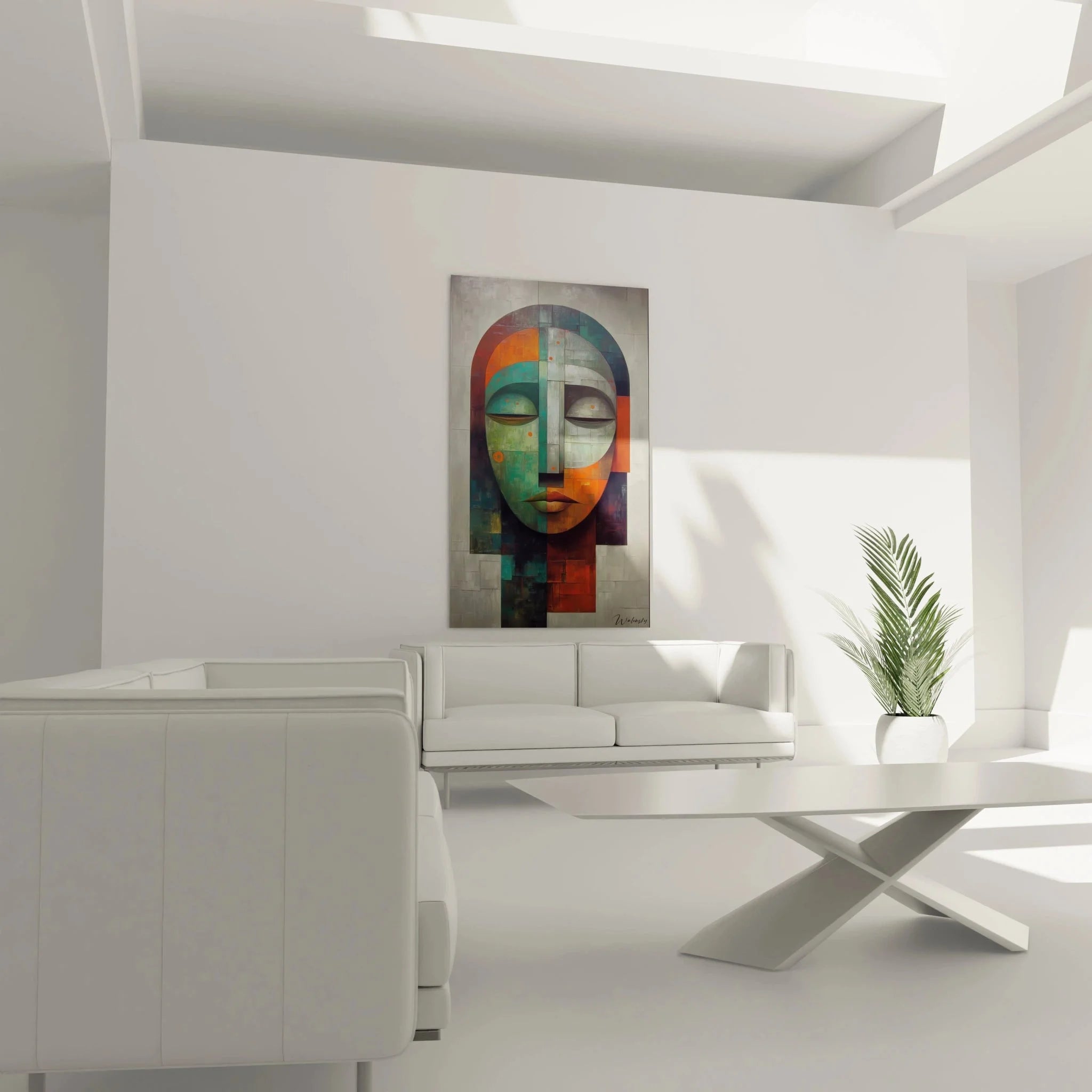 Detailansicht abstrakte afrikanische Stammesmaske Wandbild - geometrische Formen und warme Erdtöne Nahaufnahme