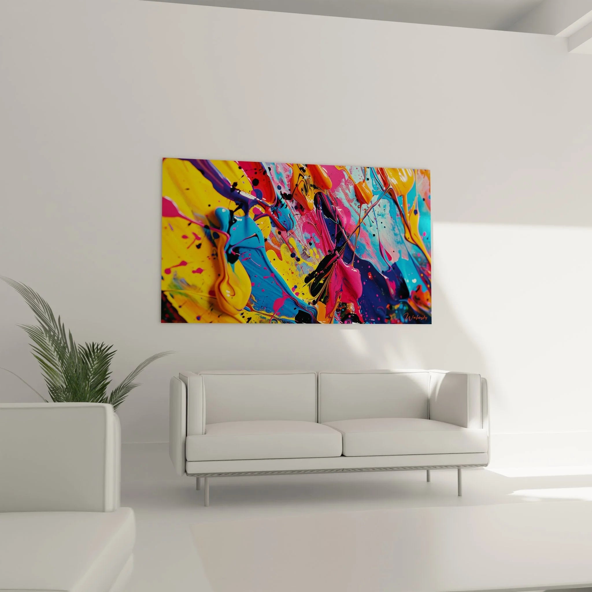 Detailaufnahme abstrakte Farbexplosion Wandbild mit Pinselstrukturen und Farbverläufen