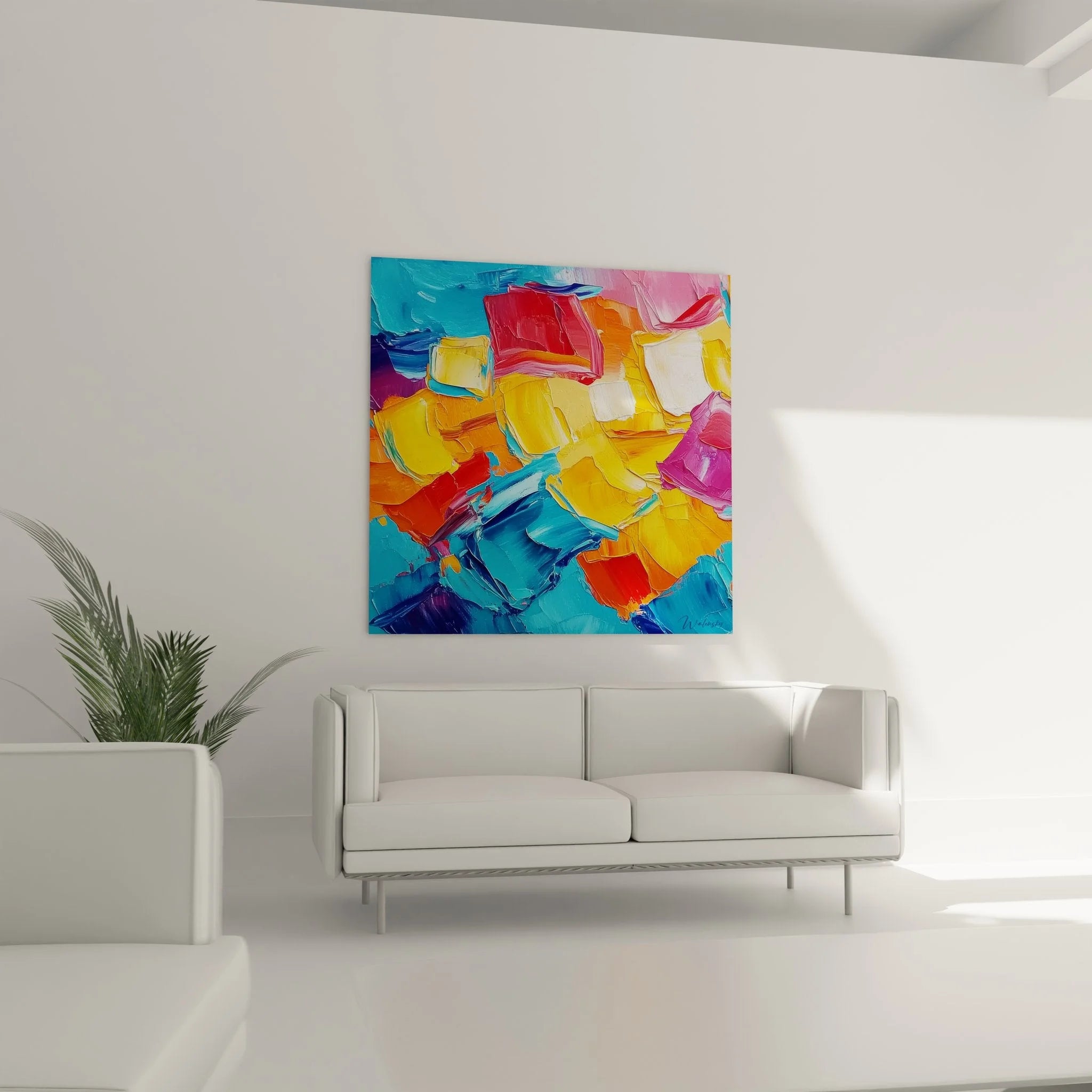 Detailansicht abstrakte Farbkomposition mit plastischen Pinselstrichen und intensiven Farbverläufen in Malerei-Optik