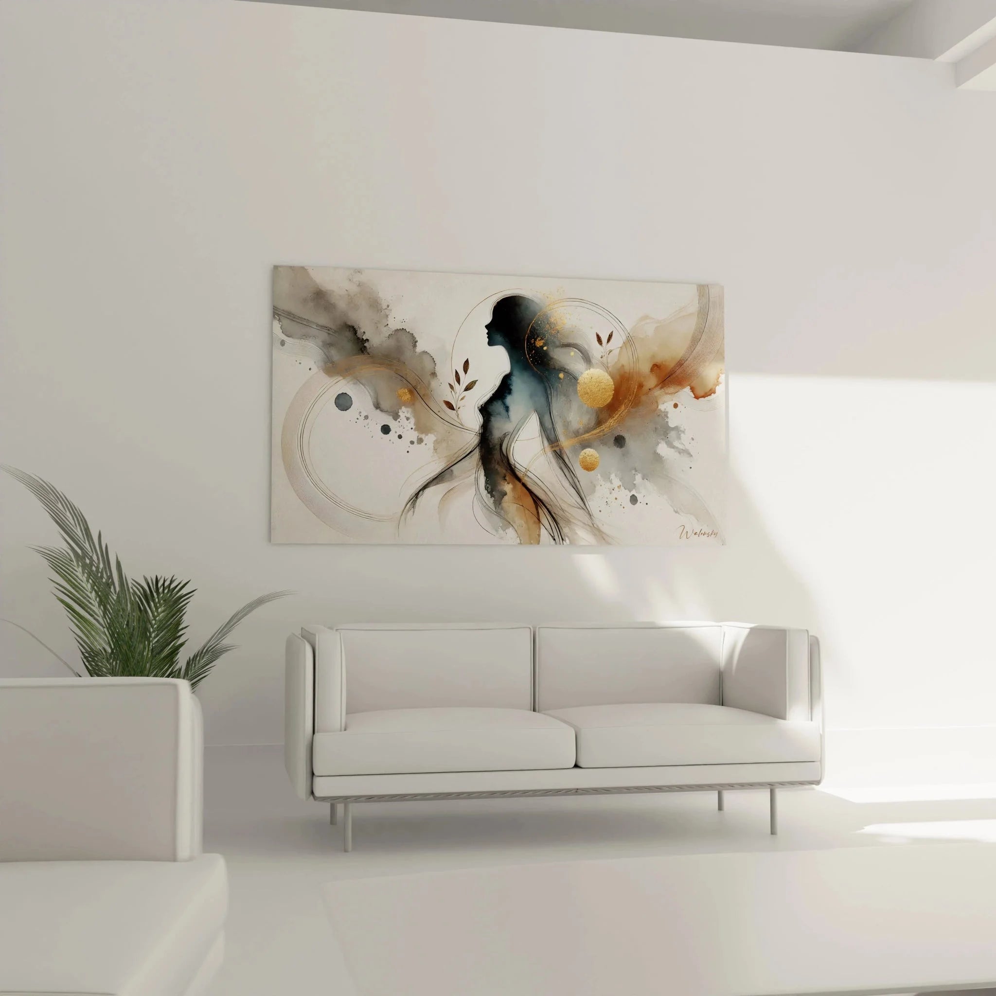 Detailansicht der abstrakten Frauensilhouette mit fließenden Aquarellfarben und goldenen Highlights