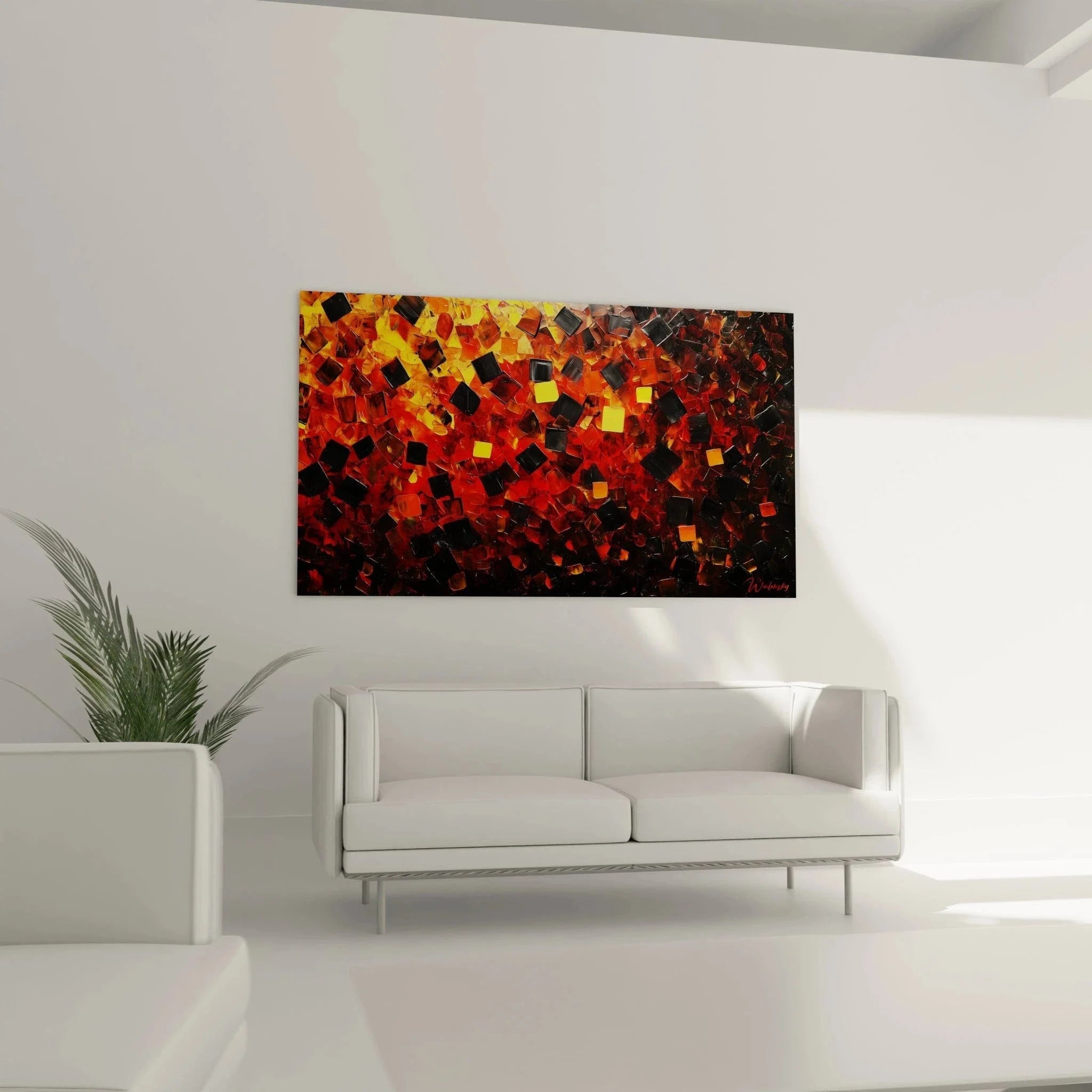 Detailansicht abstrakte geometrische Würfel Wandbild mit intensiven Rot Orange Farbnuancen kubistische Kunst