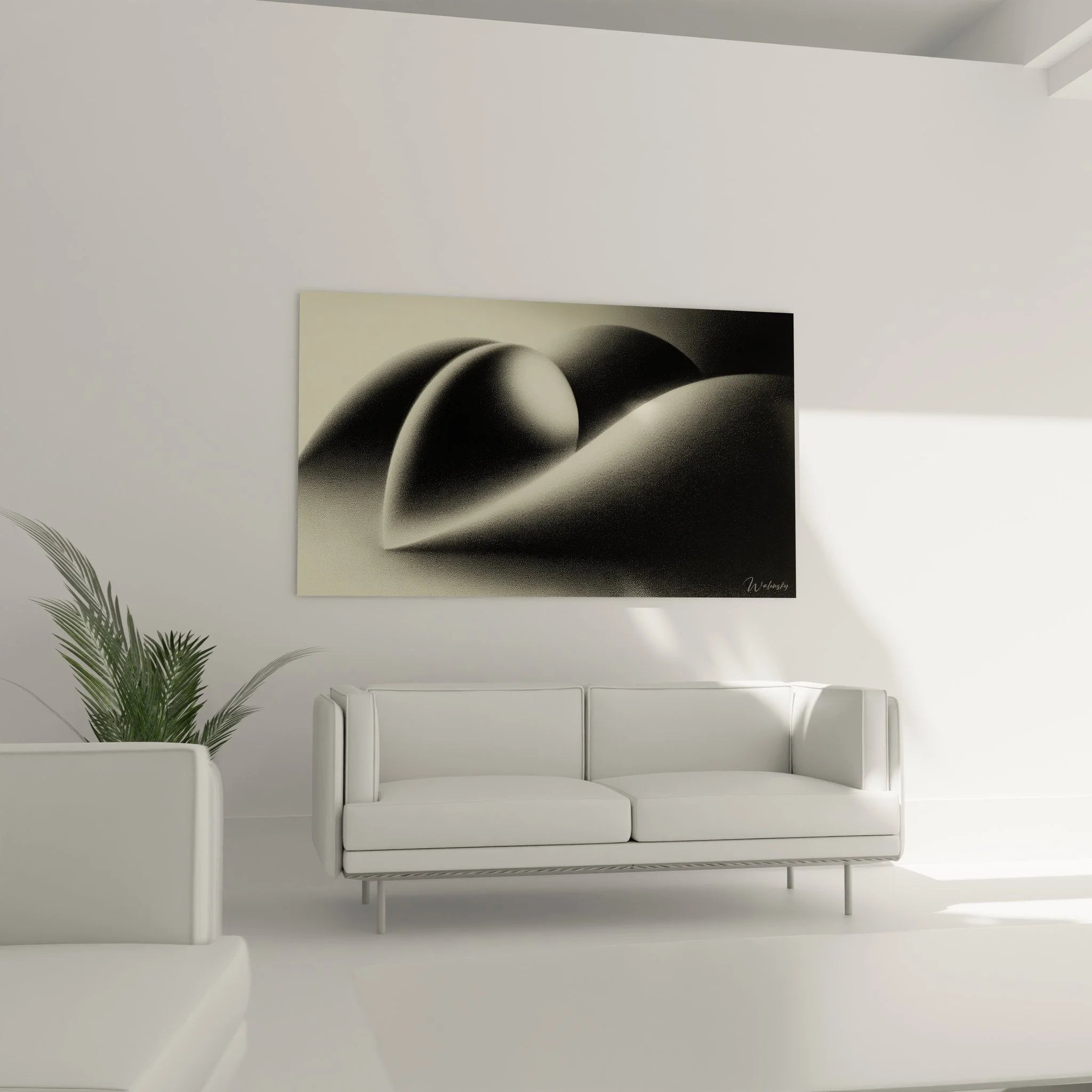 Detailansicht der fließenden Körperformen und Licht-Schatten-Spiele in abstrakter Wandkunst