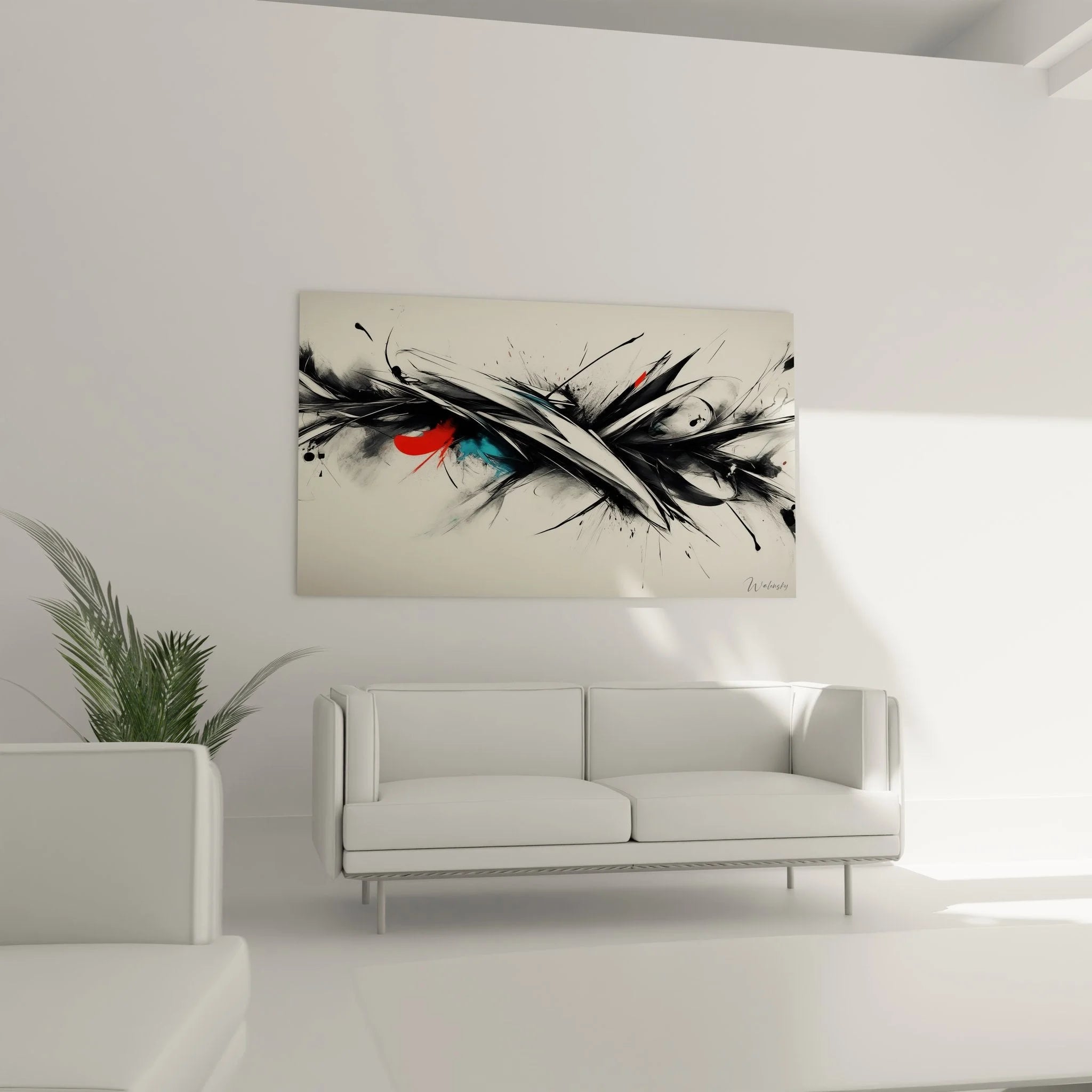 Detailansicht des abstrakten Wandbildes mit expressiven Pinselstrichen und Farbverläufen